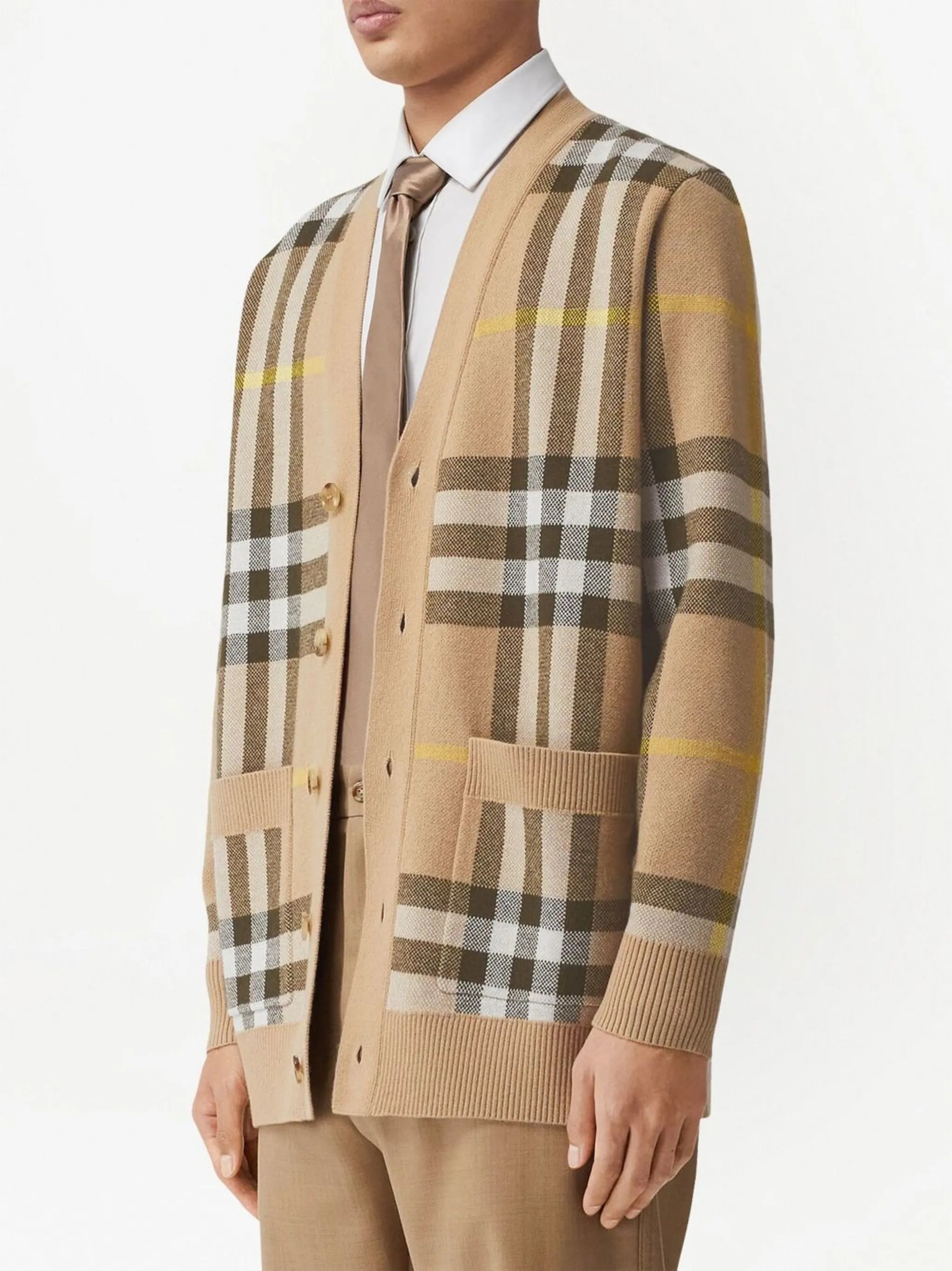 checked V-neck cardigan
