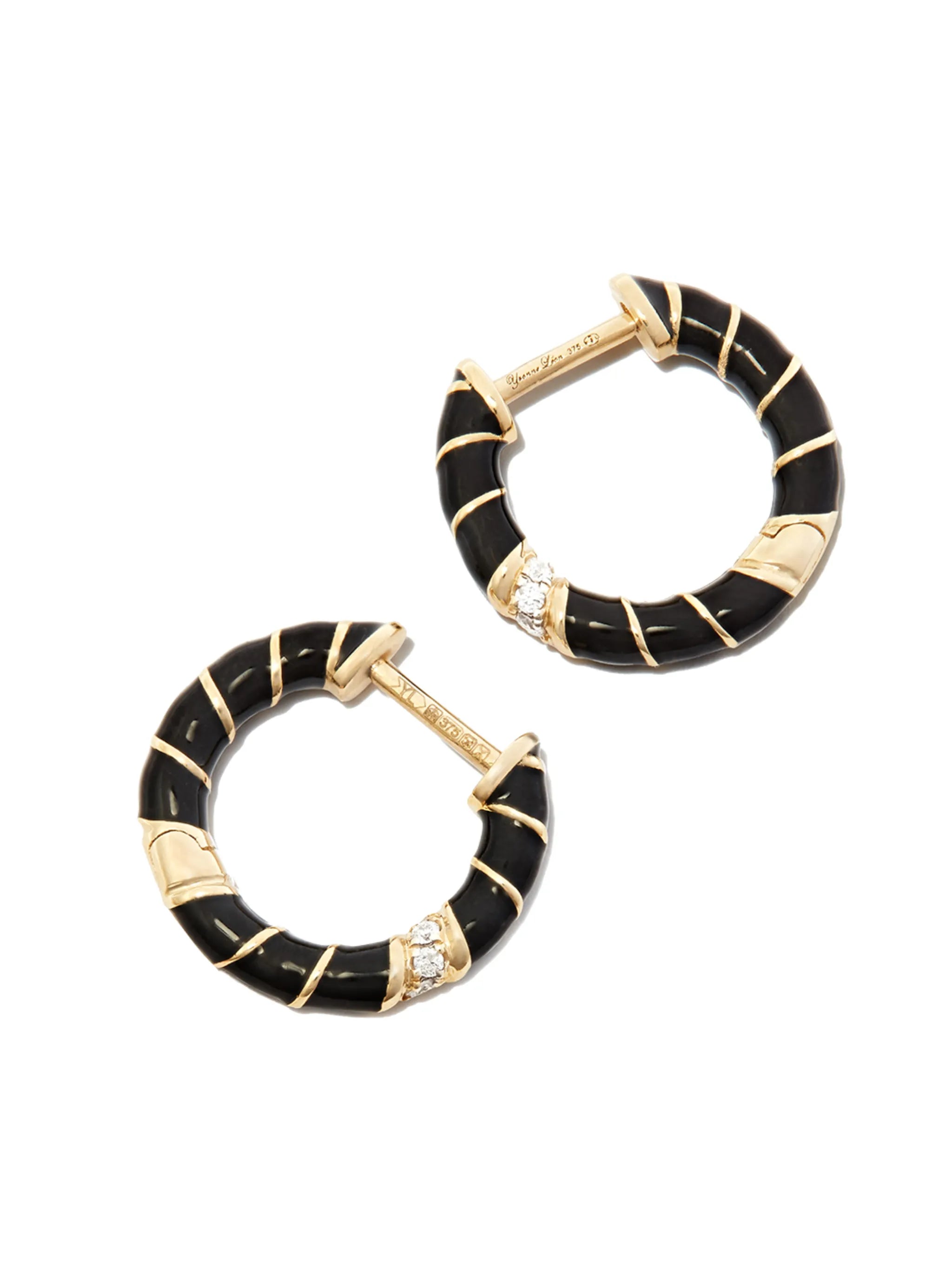 9kt yellow gold enamel diamond hoop earrings