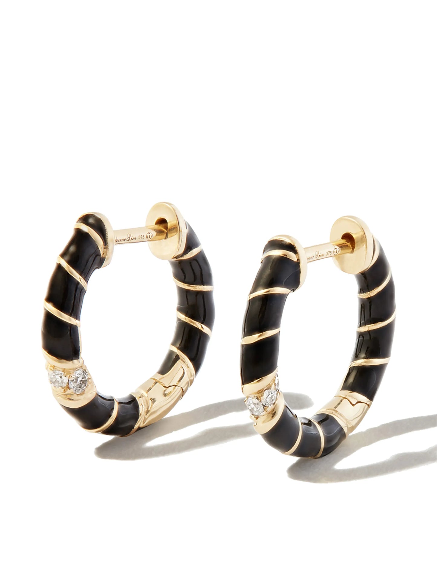 9kt yellow gold enamel diamond hoop earrings