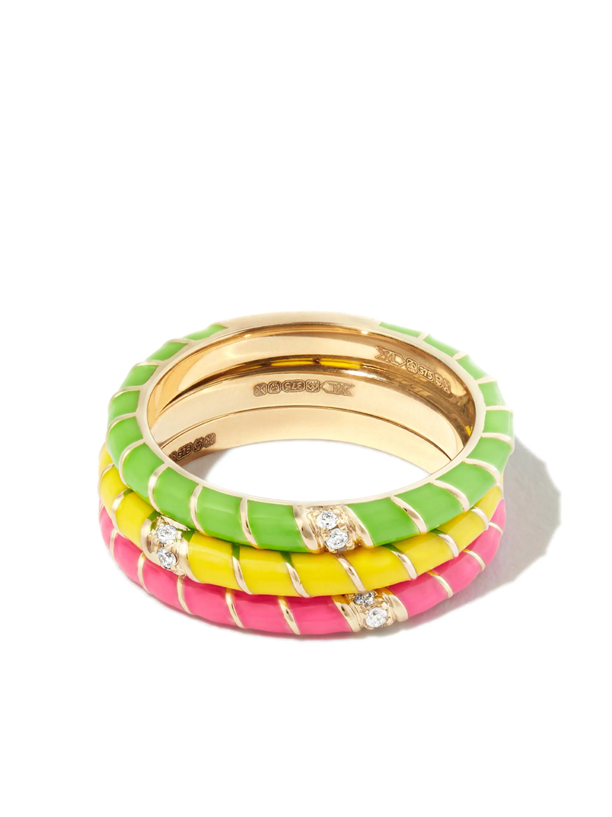 set of three 9kt yellow gold diamond and enamel rings