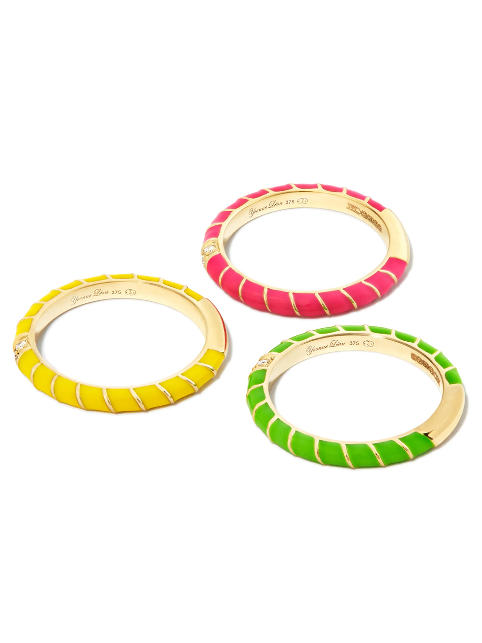 set of three 9kt yellow gold diamond and enamel rings