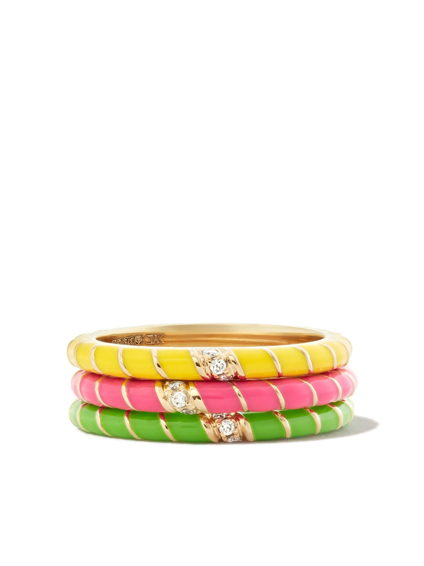 set of three 9kt yellow gold diamond and enamel rings