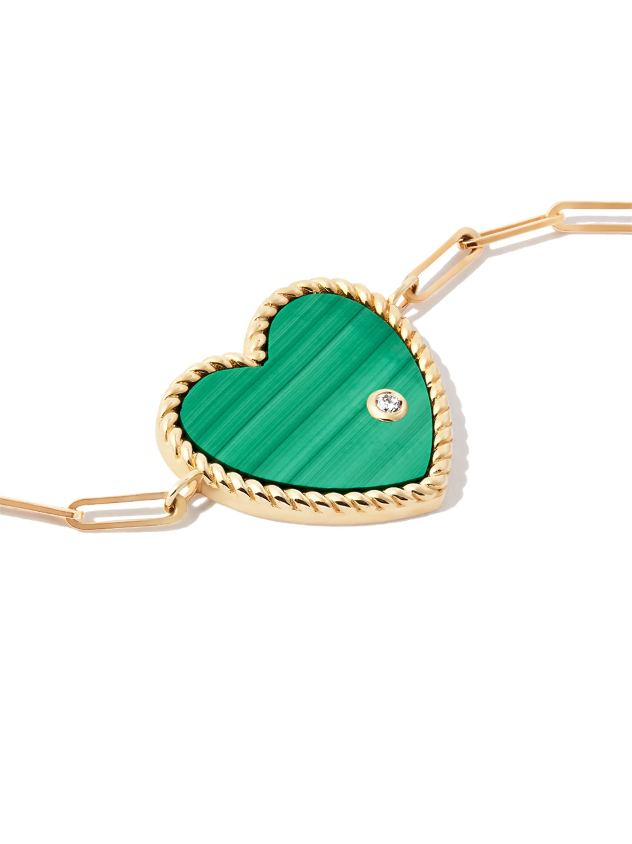9kt and 18kt yellow gold malachite diamond heart chain bracelet