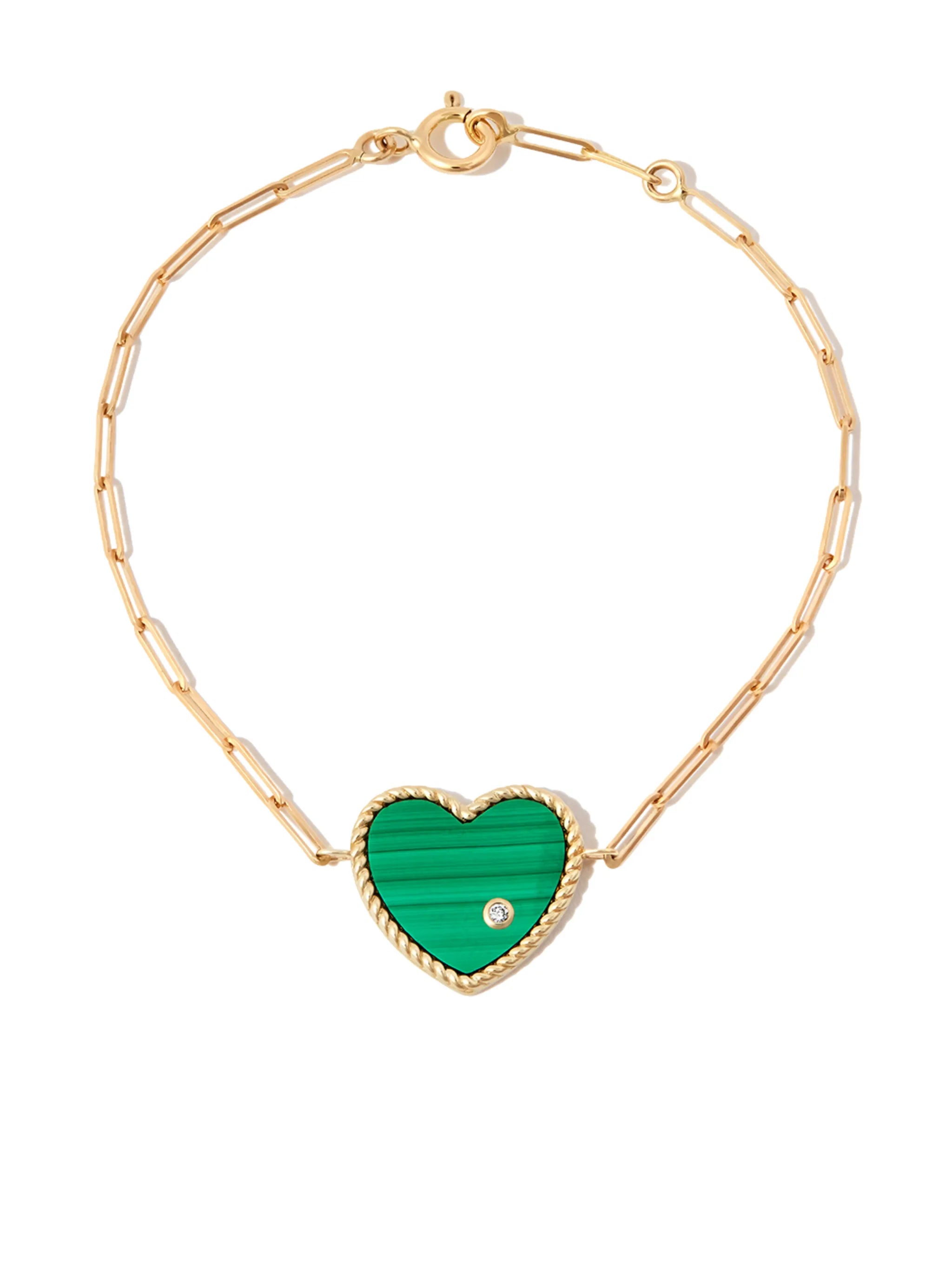 9kt and 18kt yellow gold malachite diamond heart chain bracelet