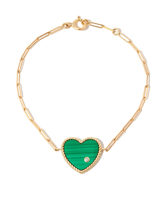 9kt and 18kt yellow gold malachite diamond heart chain bracelet