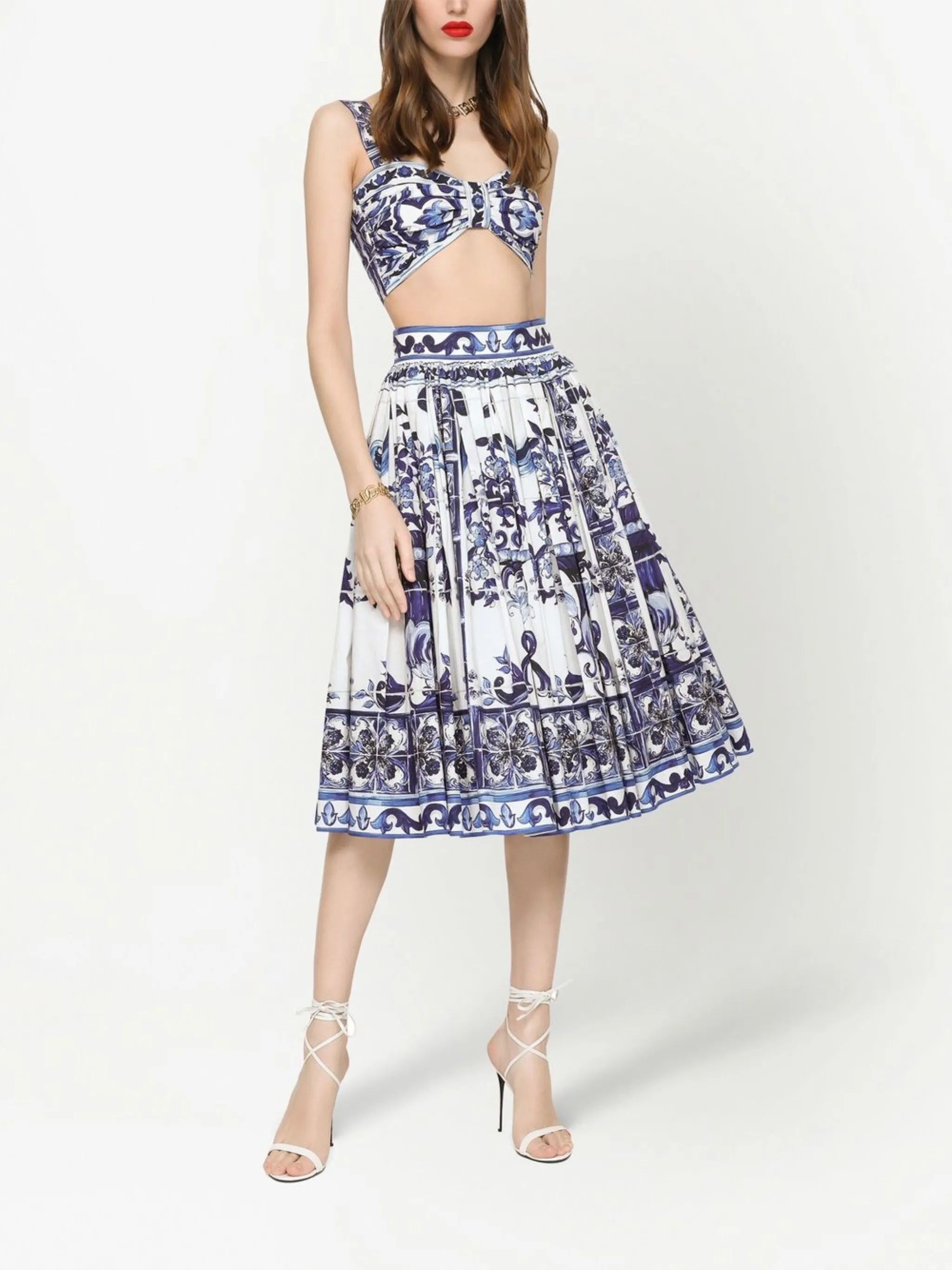 Majolica-print pleated midi skirt