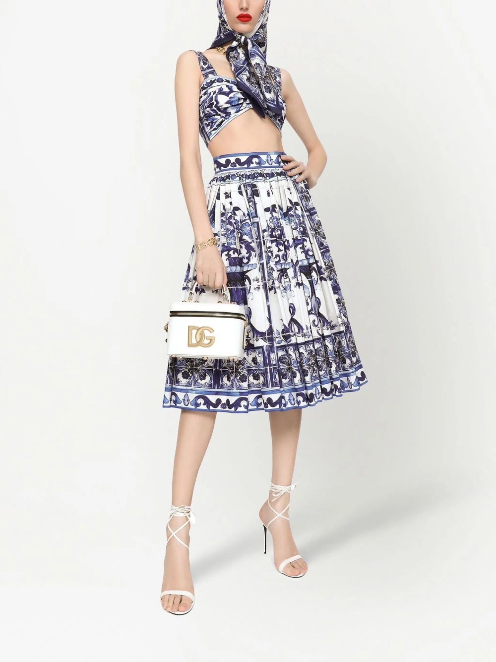 Majolica-print pleated midi skirt