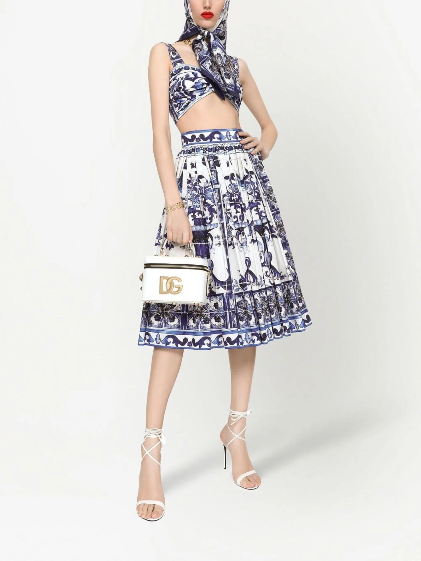 Majolica-print pleated midi skirt