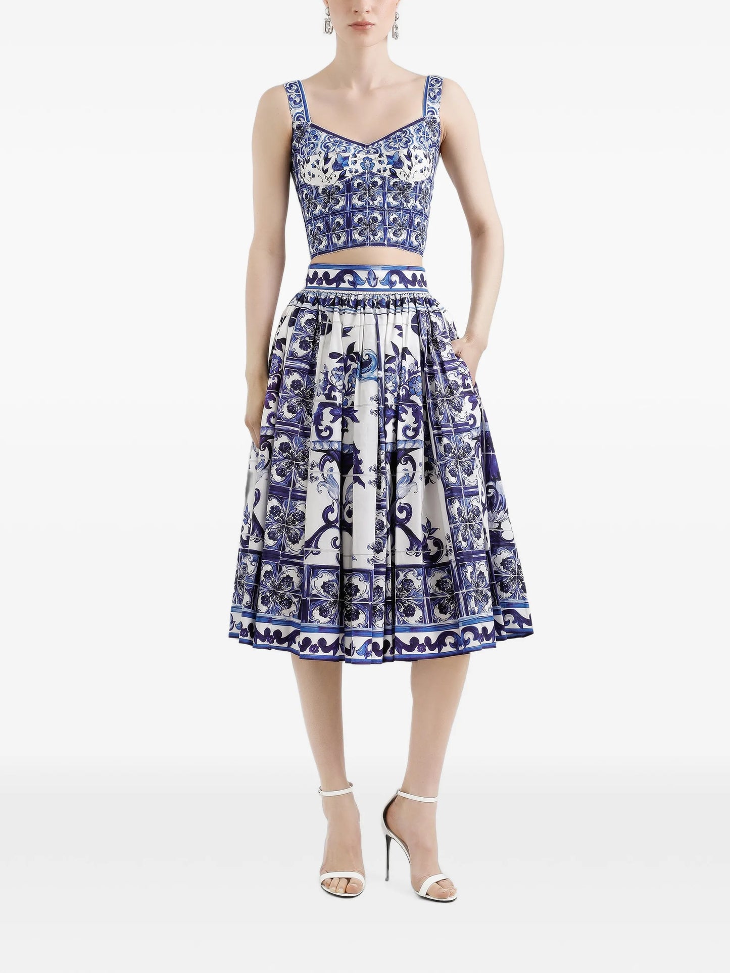 Majolica-print pleated midi skirt