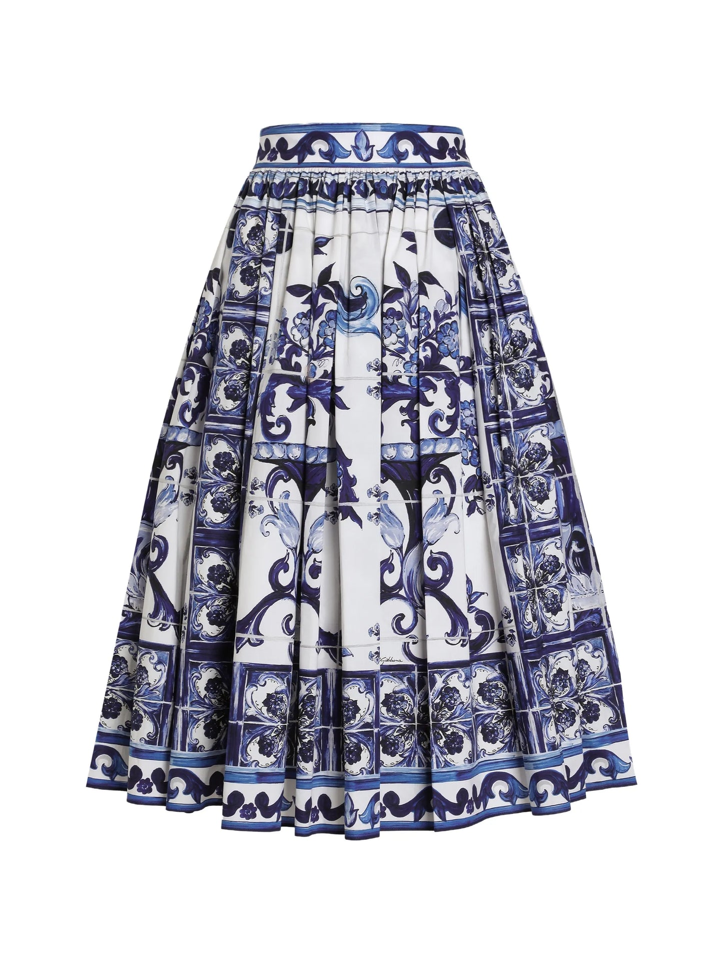Majolica-print pleated midi skirt