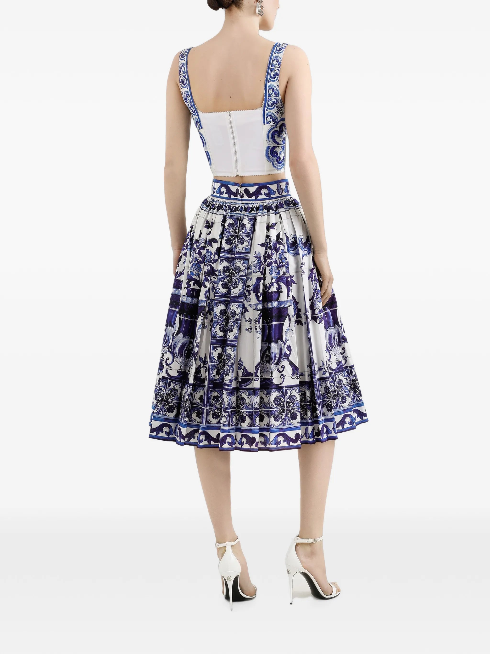 Majolica-print pleated midi skirt