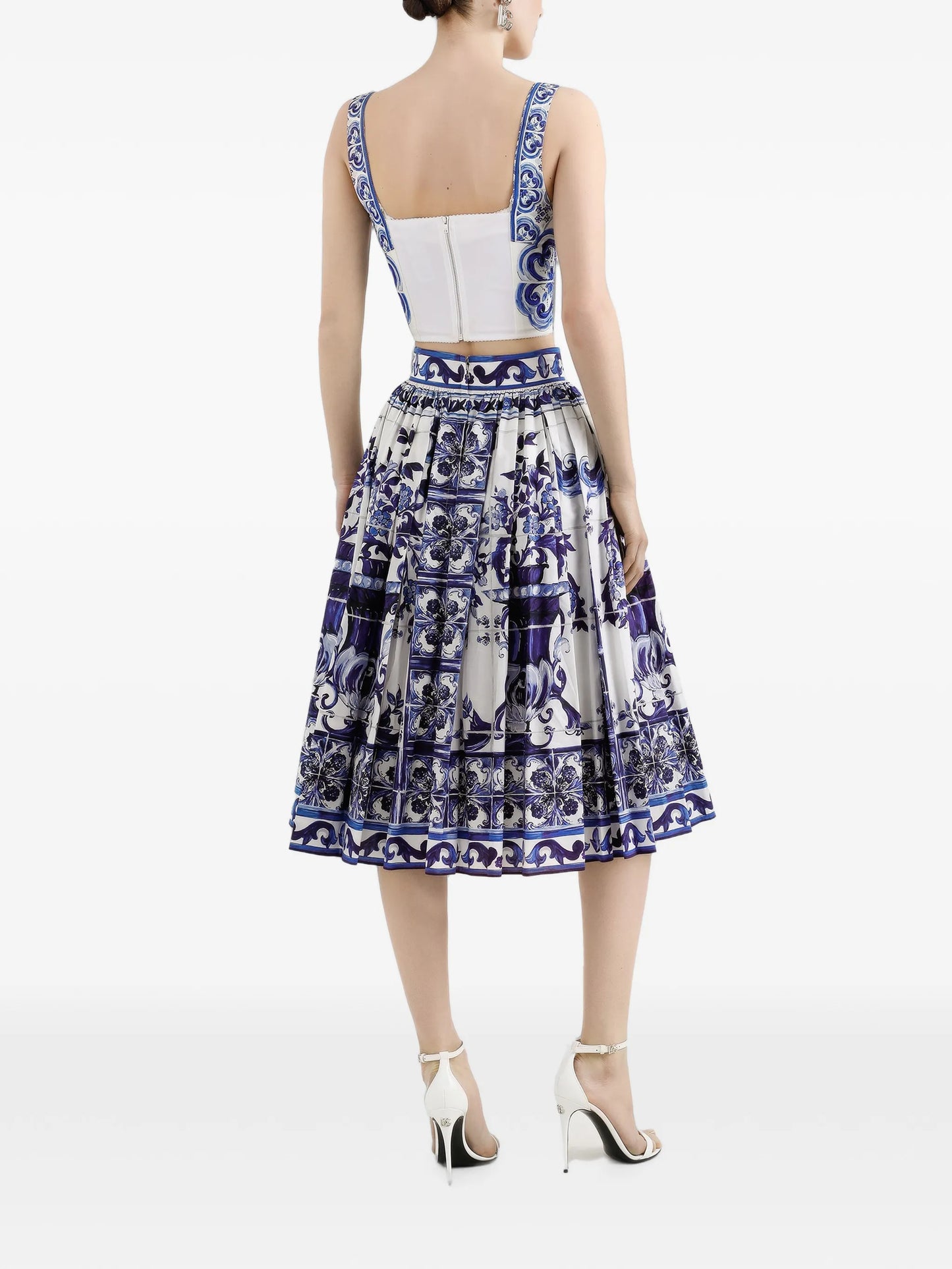 Majolica-print pleated midi skirt