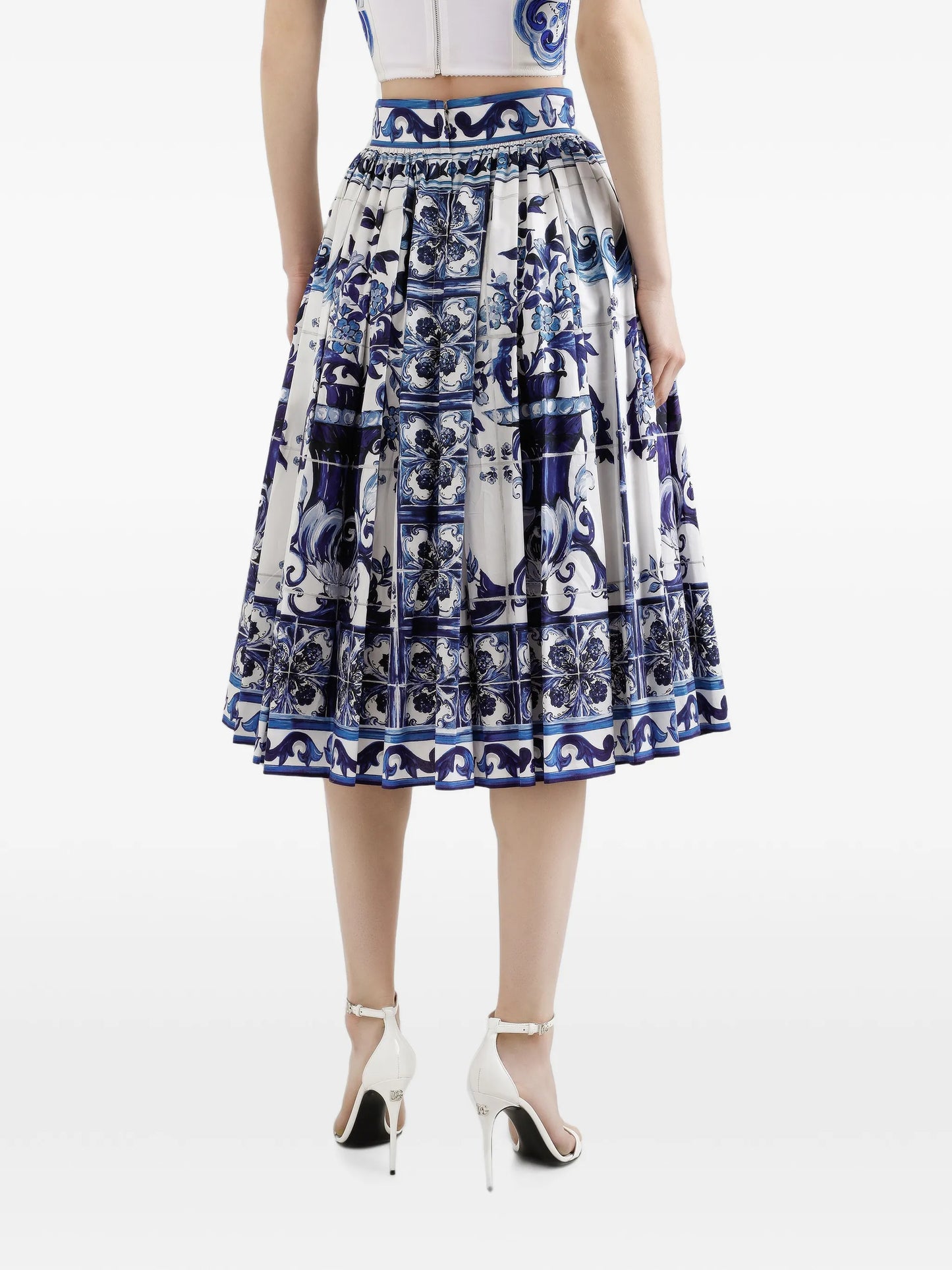 Majolica-print pleated midi skirt