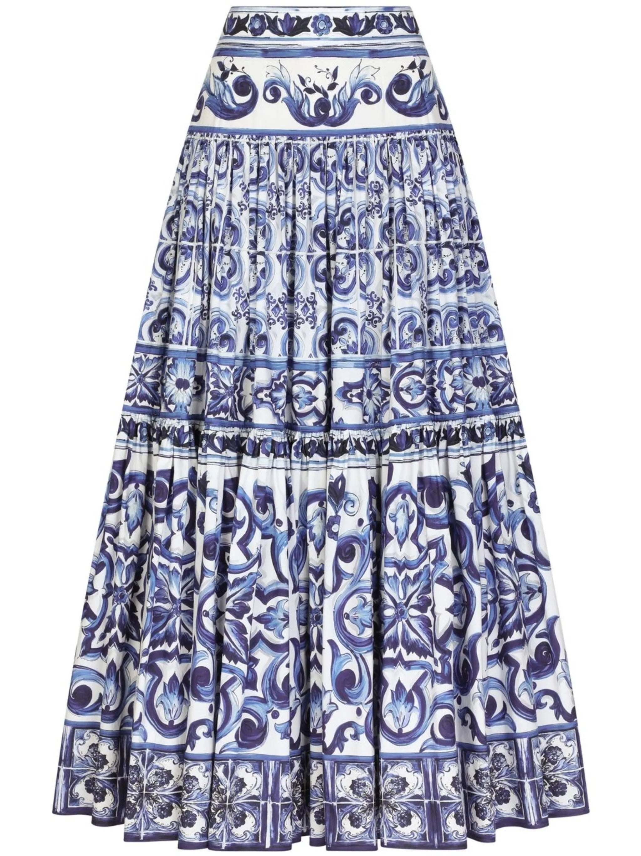 Majolica-print pleated maxi skirt