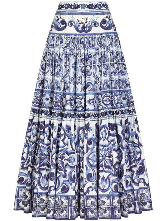 Majolica-print pleated maxi skirt