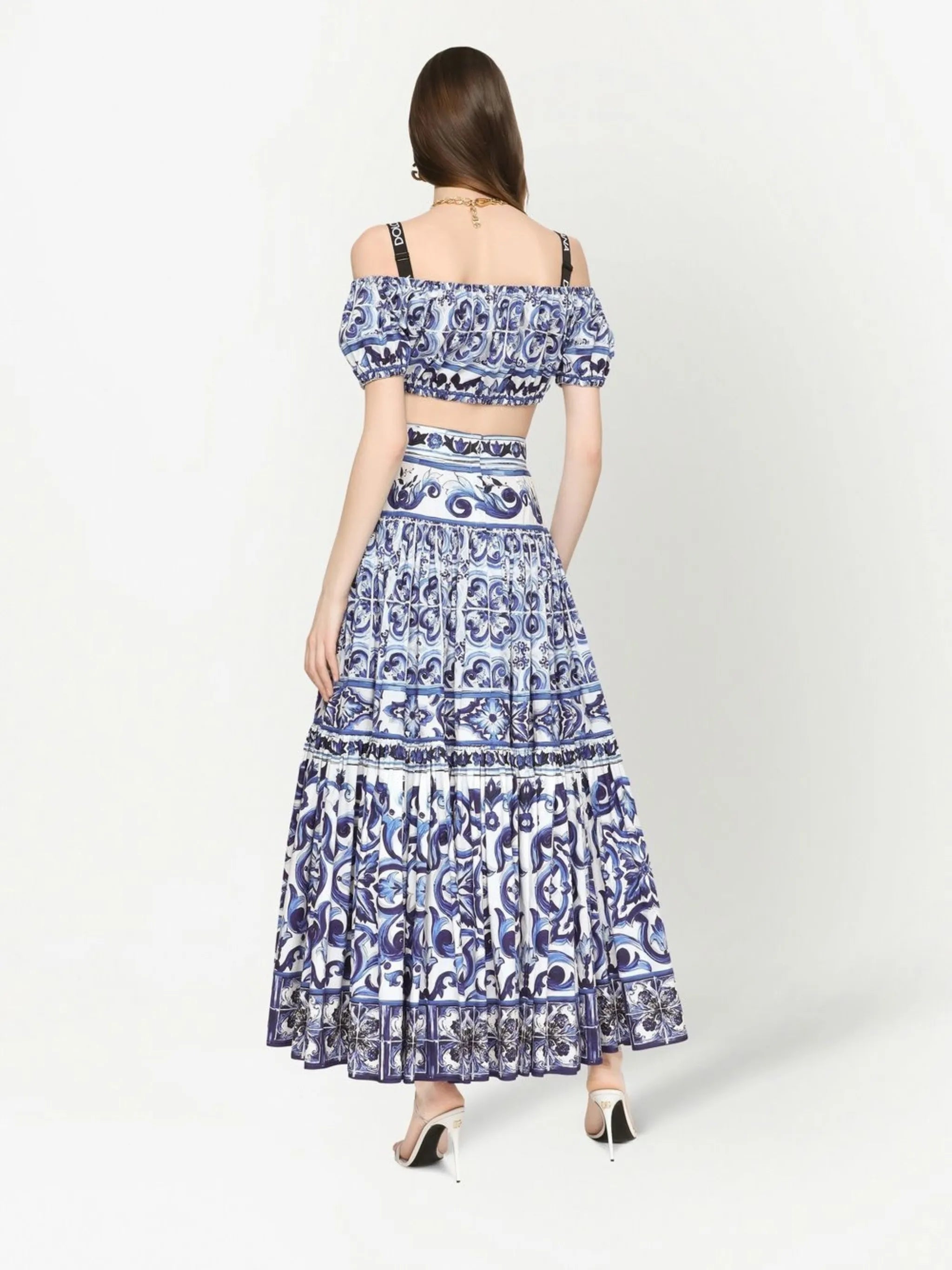 Majolica-print pleated maxi skirt