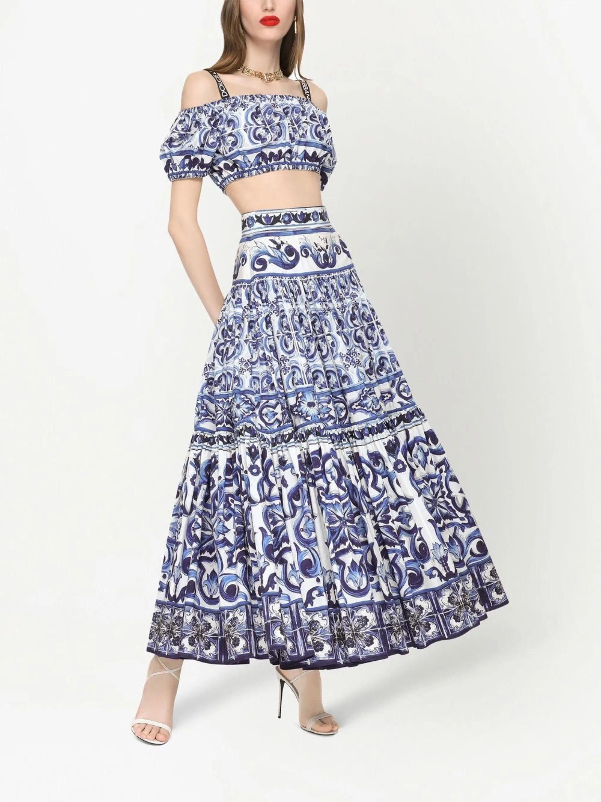 Majolica-print pleated maxi skirt