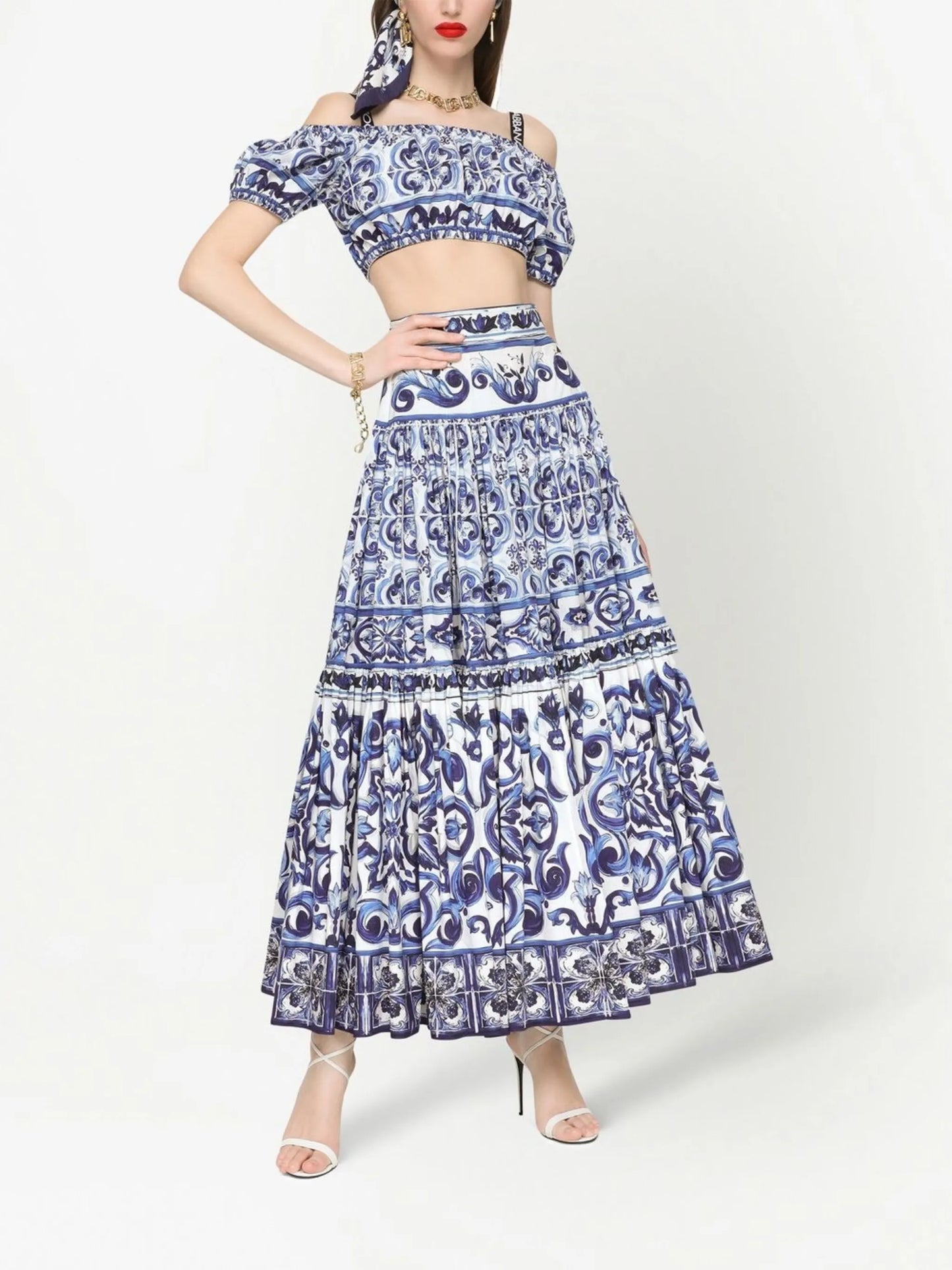 Majolica-print pleated maxi skirt