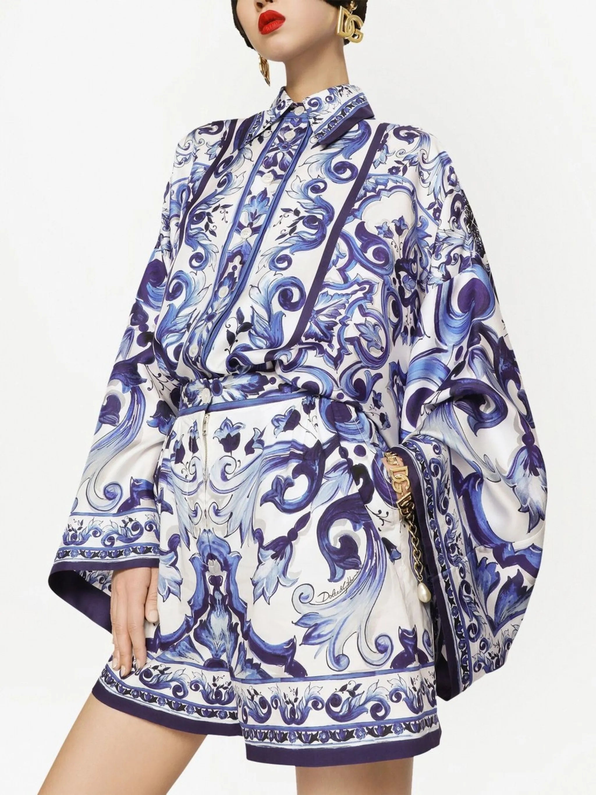 Majolica-print batwing-sleeve shirt