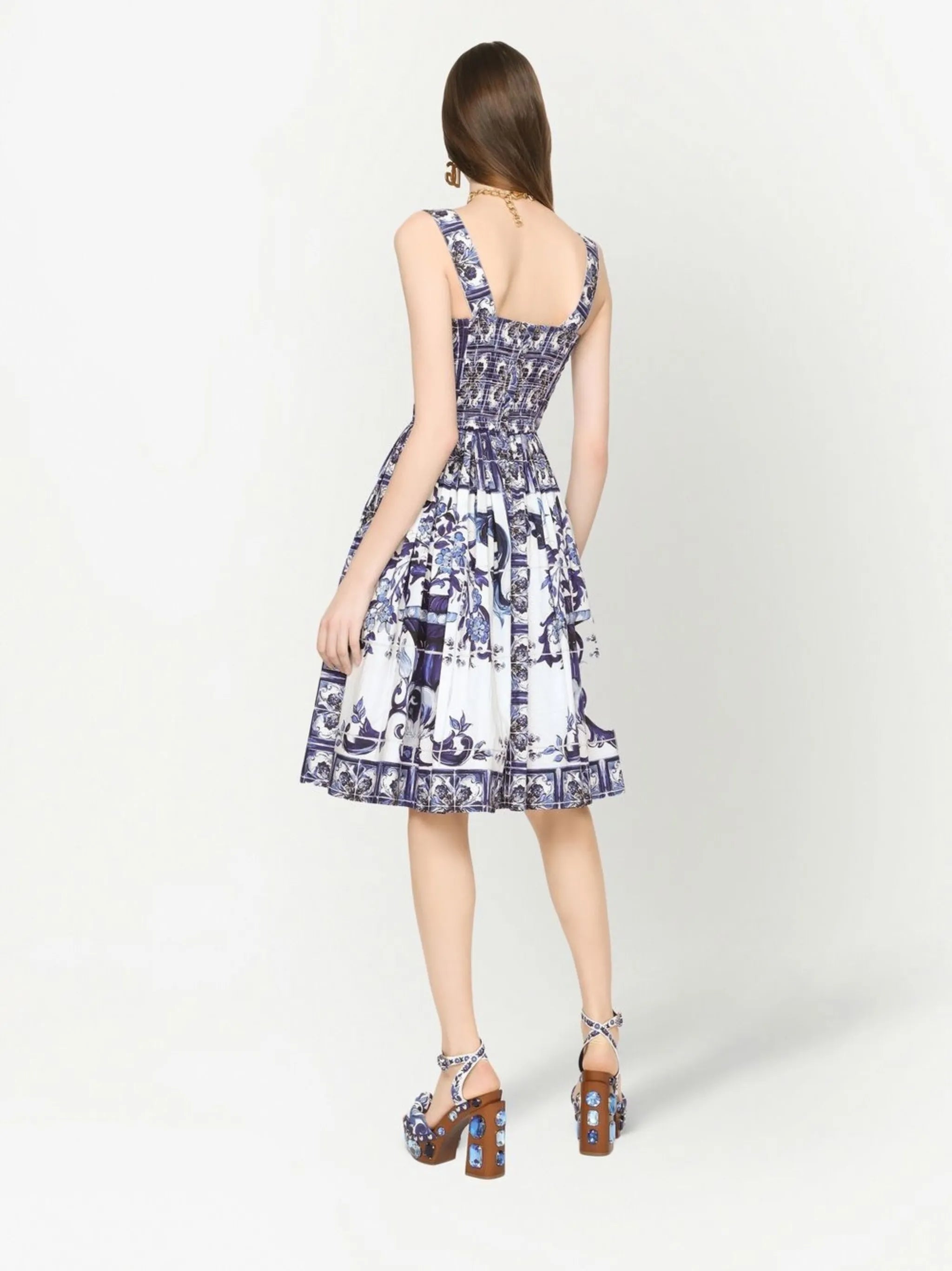 Majolica-print corset midi dress
