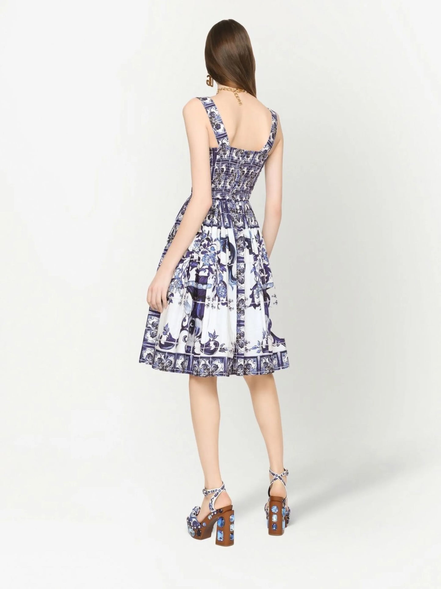 Majolica-print corset midi dress
