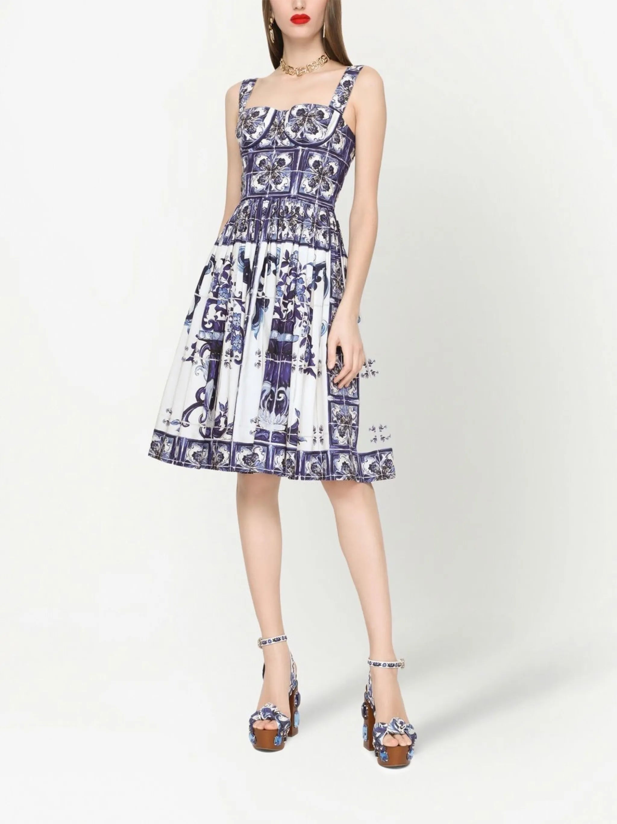 Majolica-print corset midi dress