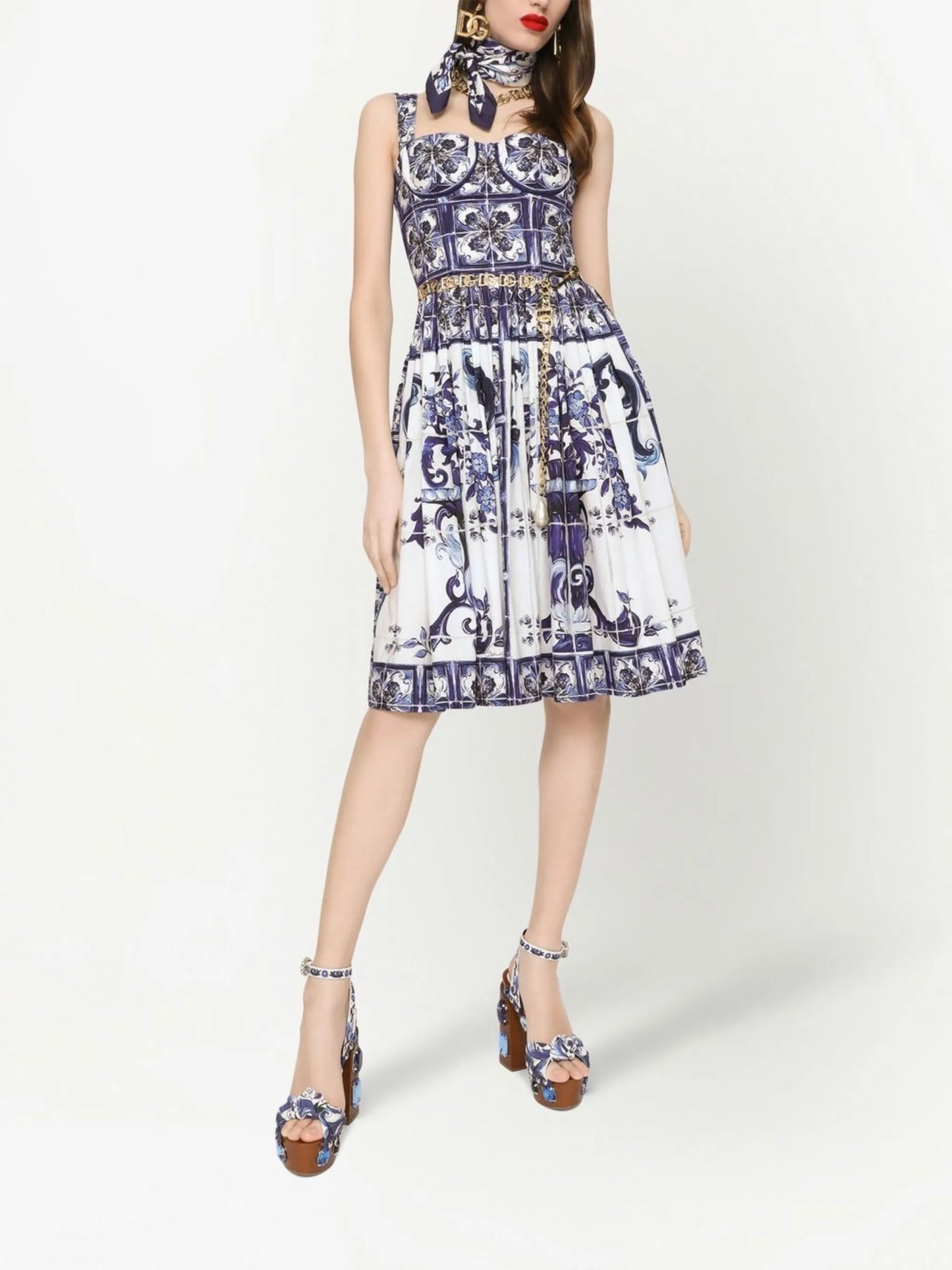 Majolica-print corset midi dress