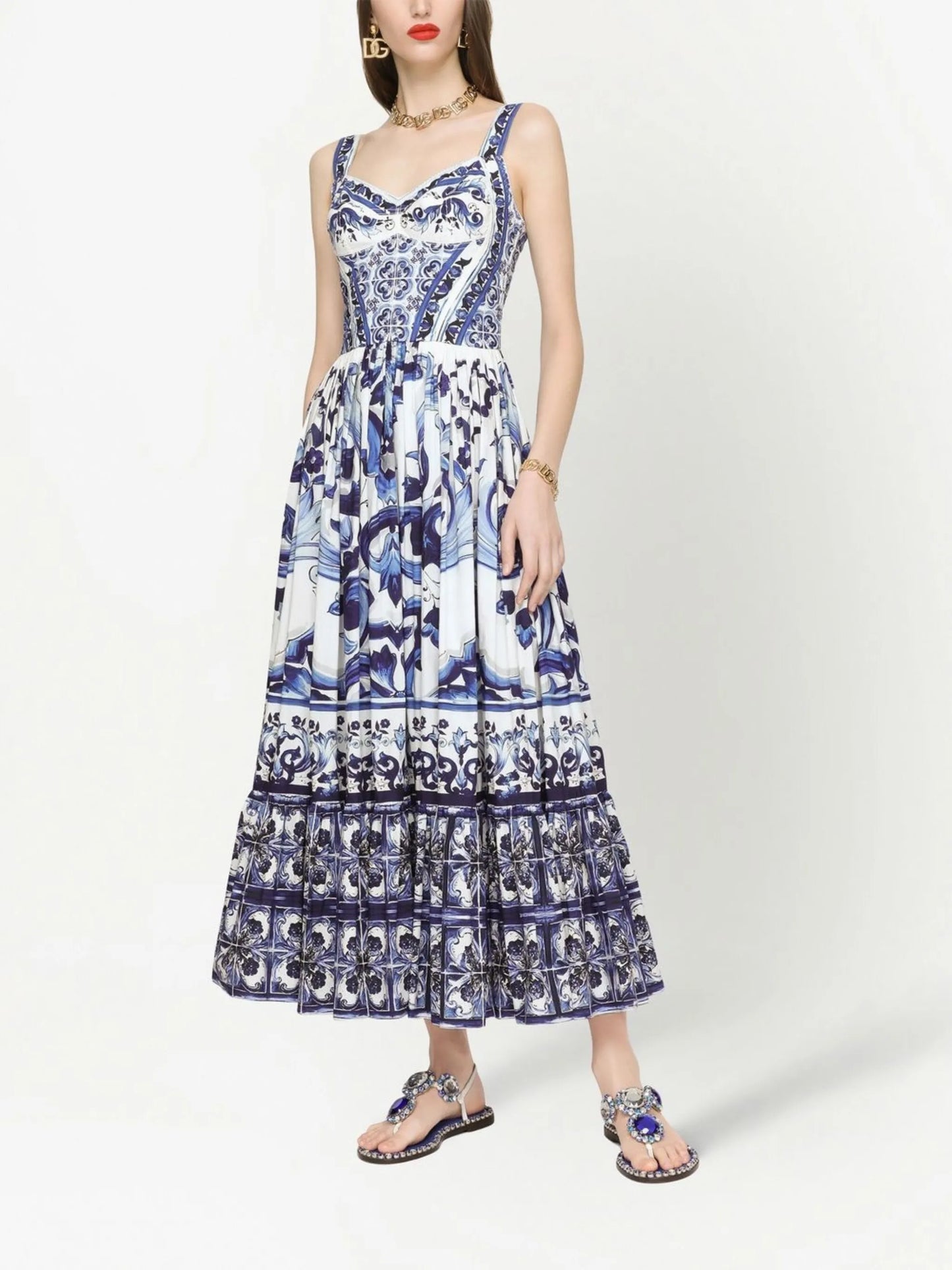 Majolica-print bustier maxi dress