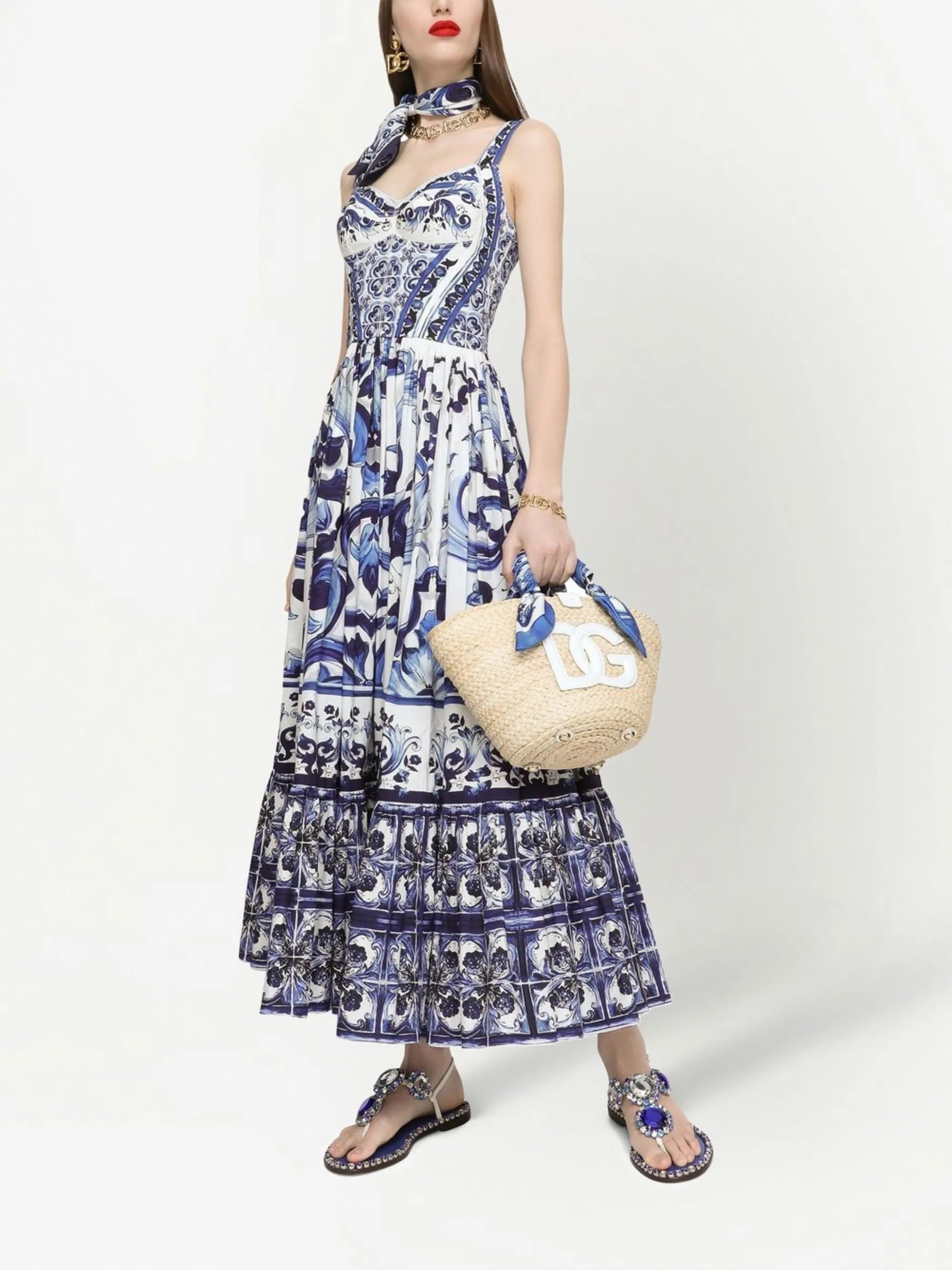 Majolica-print bustier maxi dress