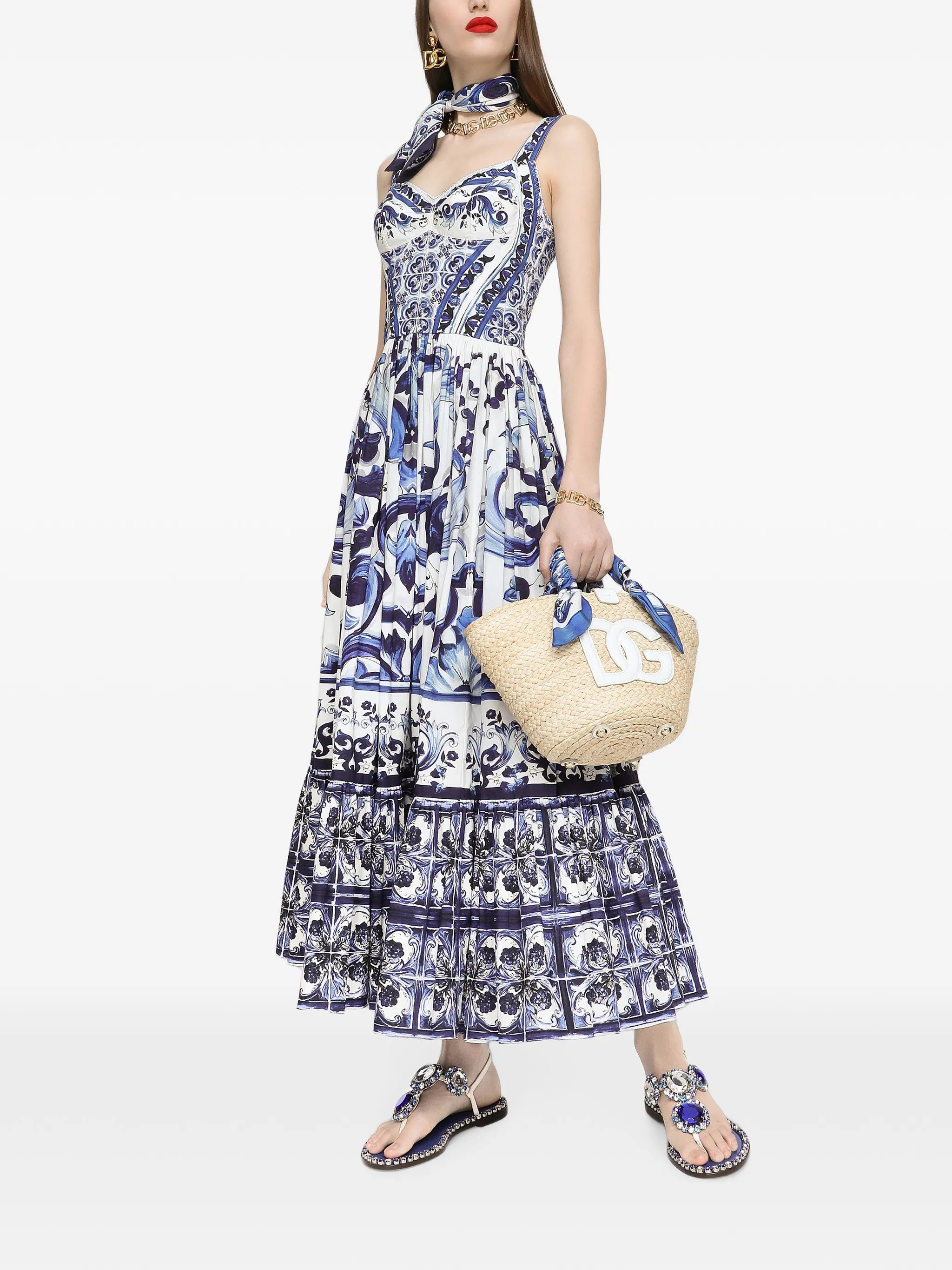 Majolica-print bustier maxi dress