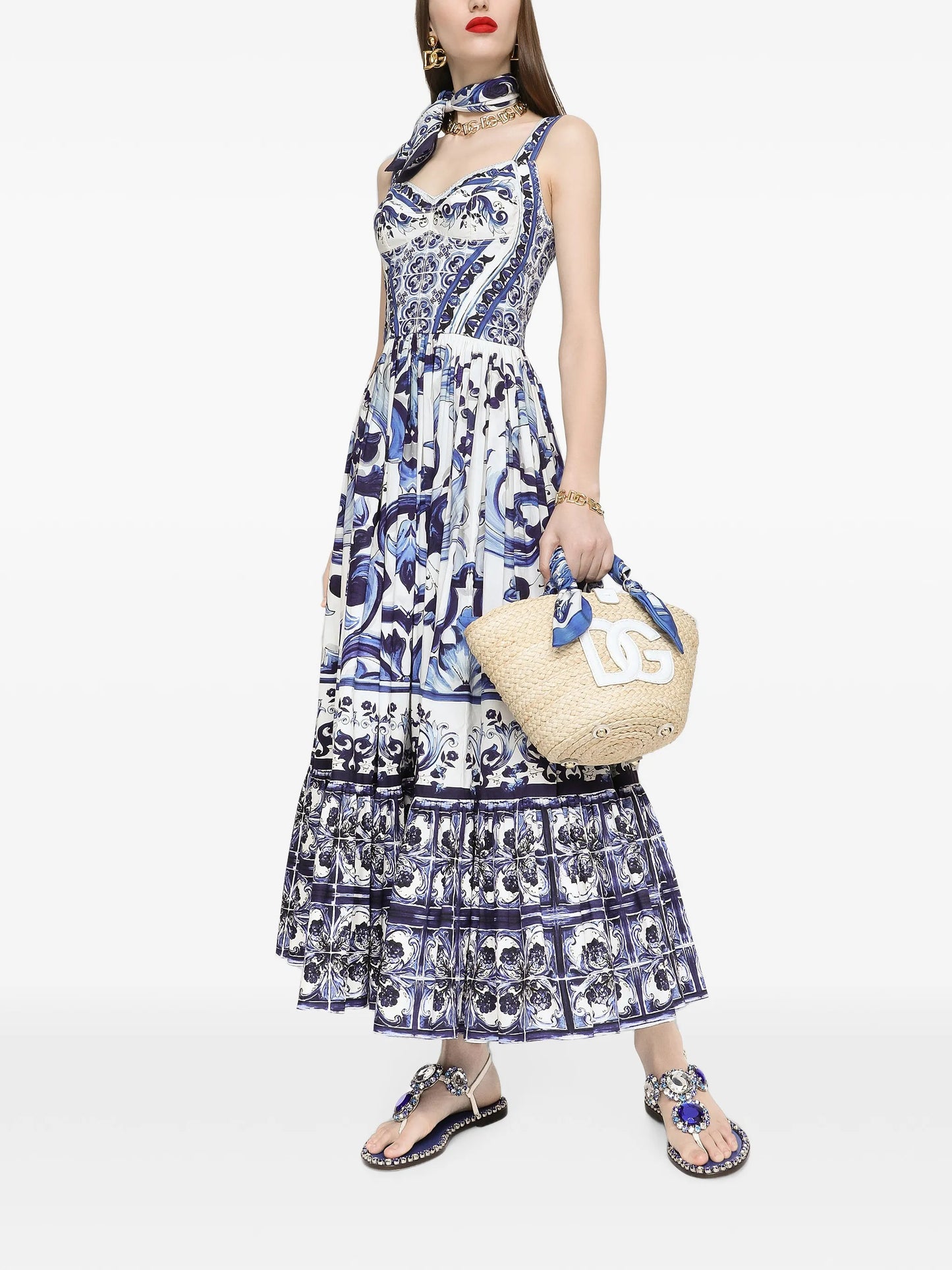 Majolica-print bustier maxi dress