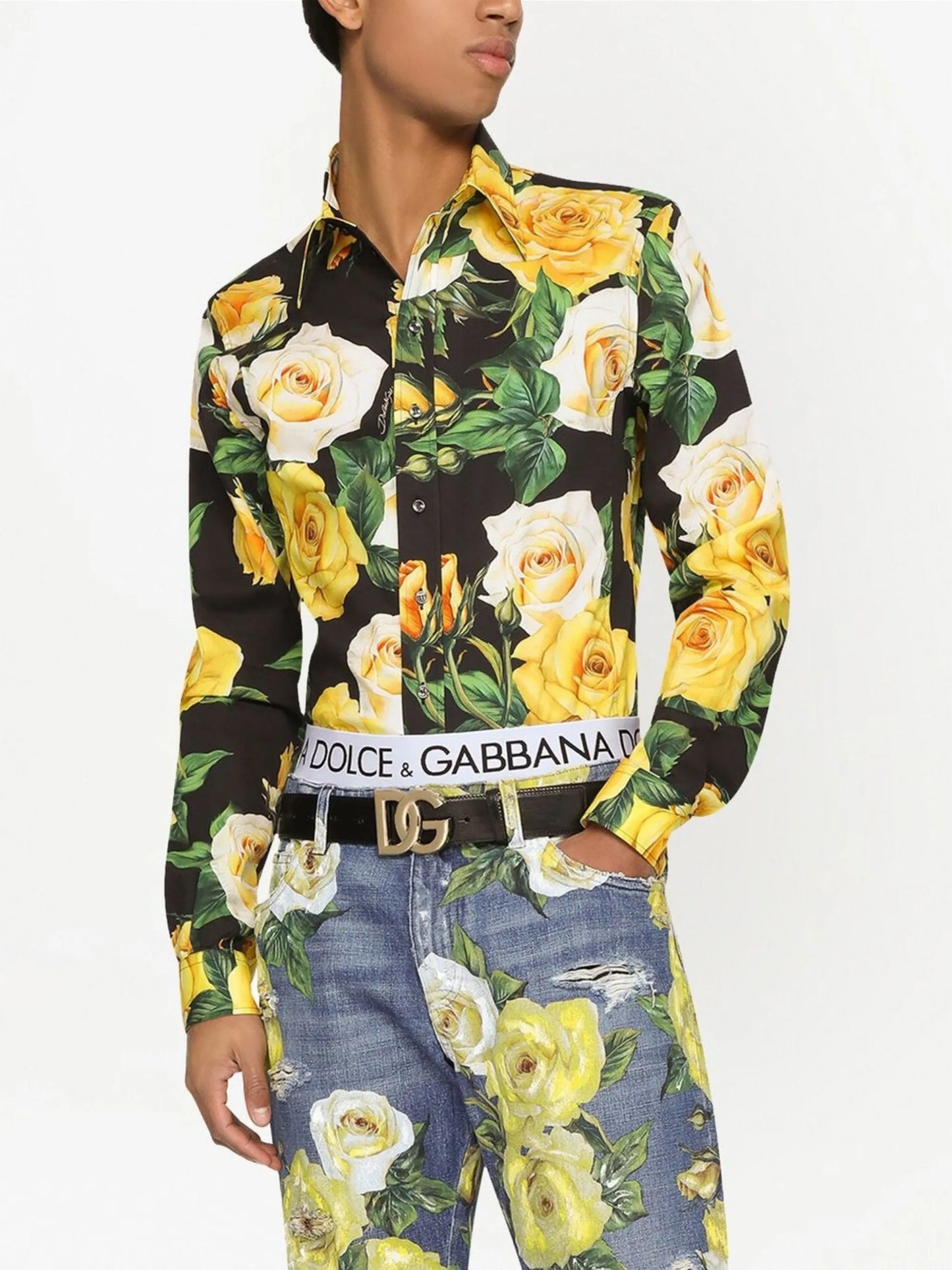 rose-print long-sleeve shirt