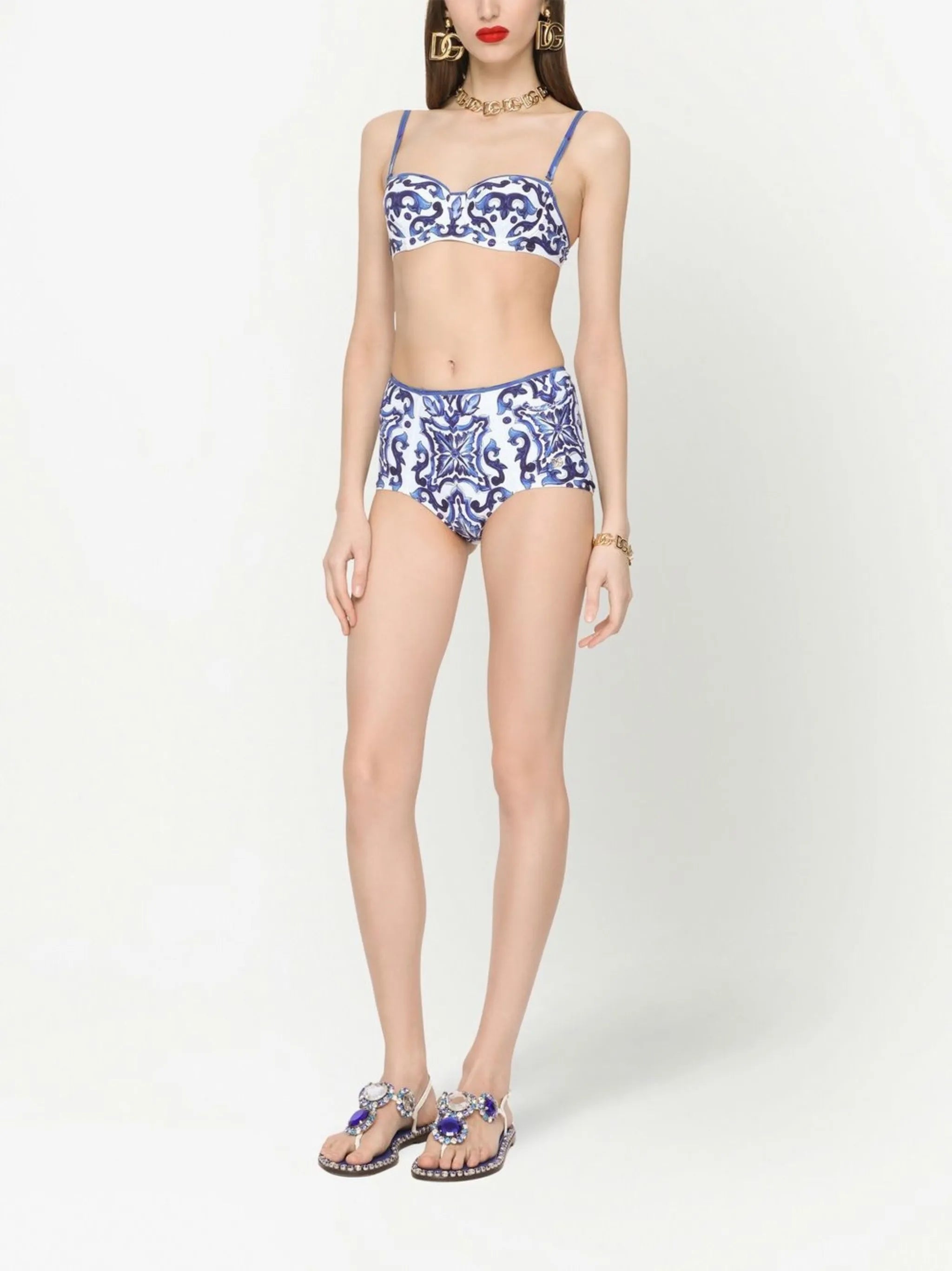 Majolica-print balconette bikini