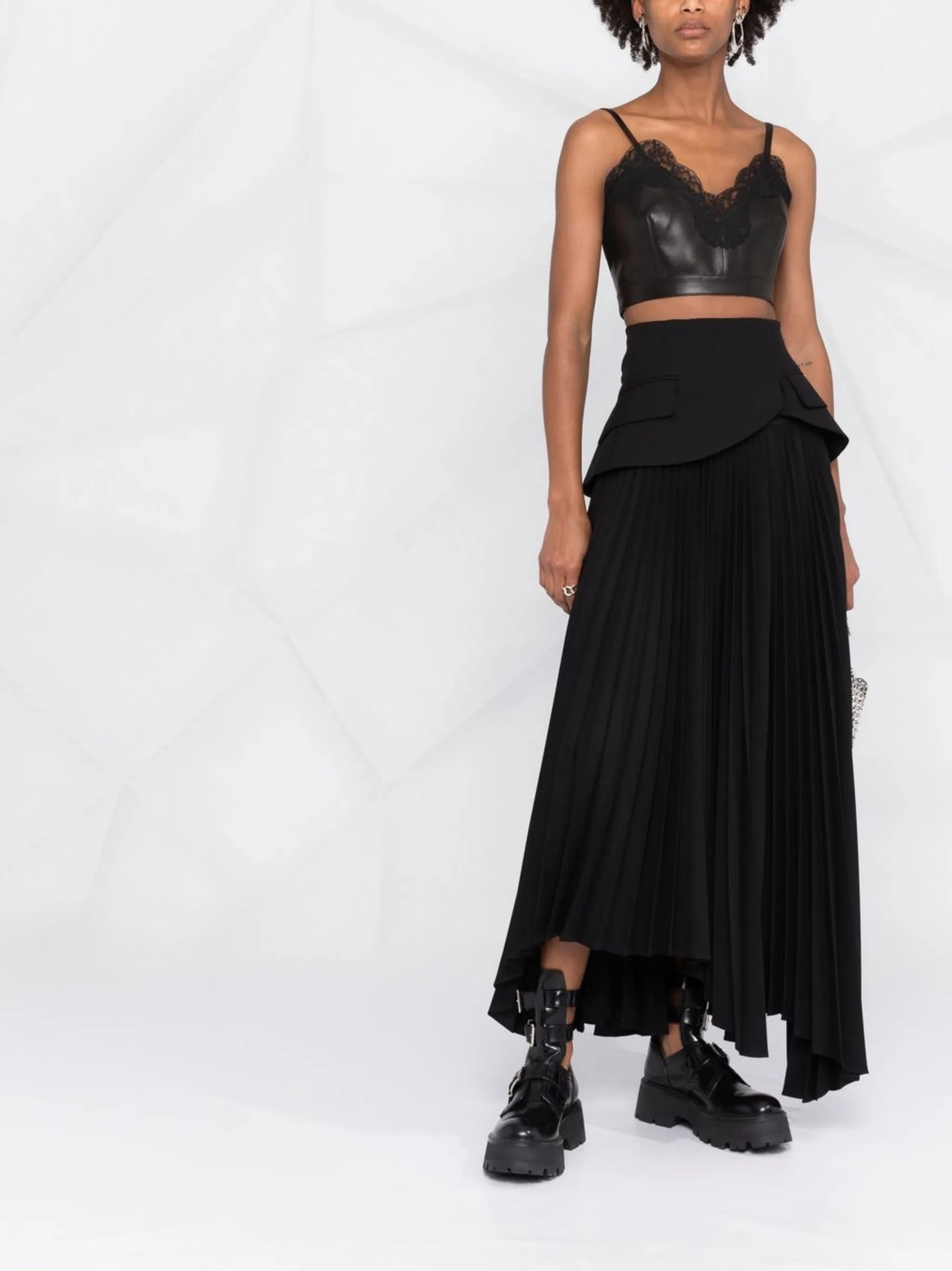 cropped lace-trim leather top