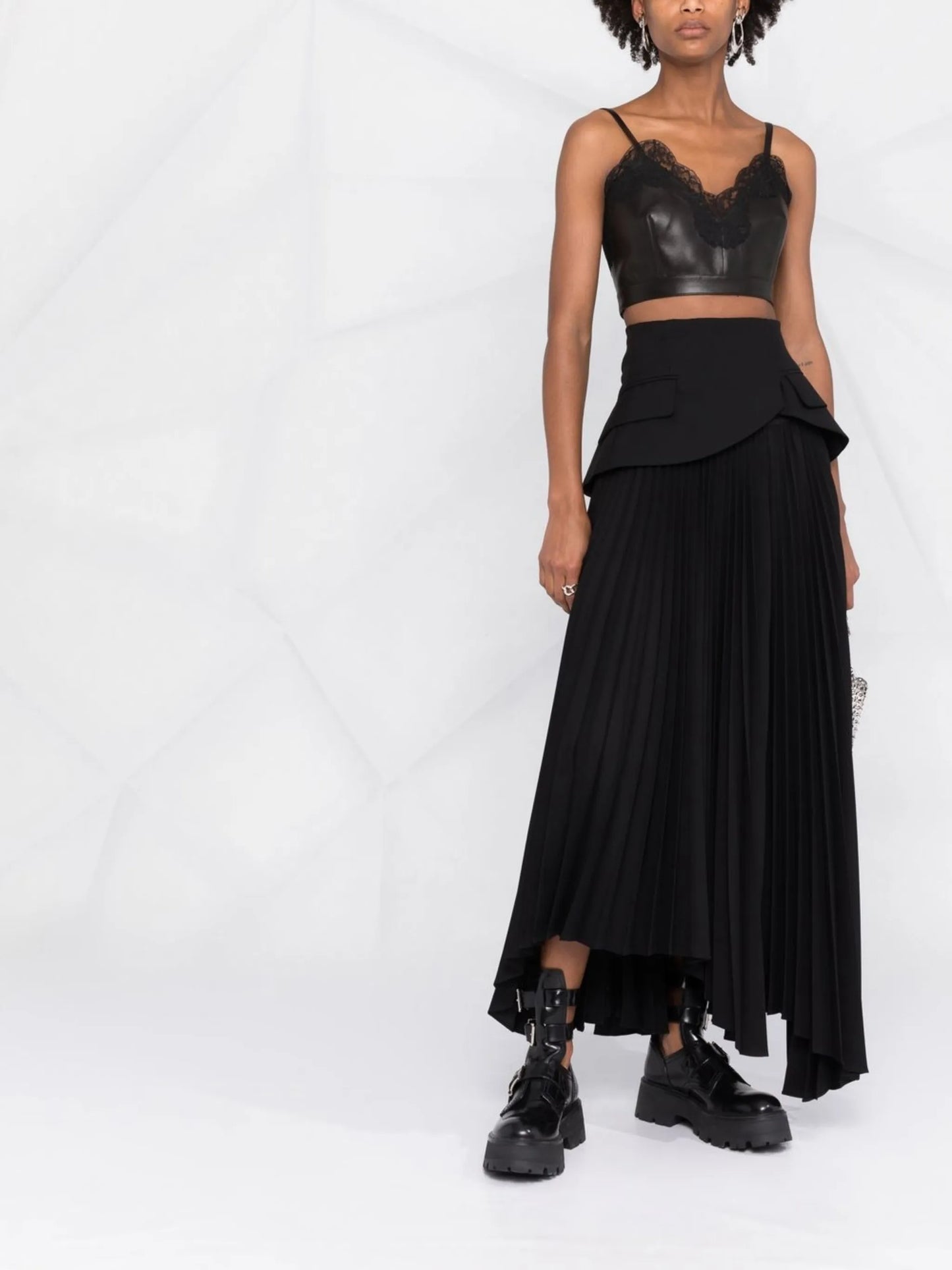 cropped lace-trim leather top