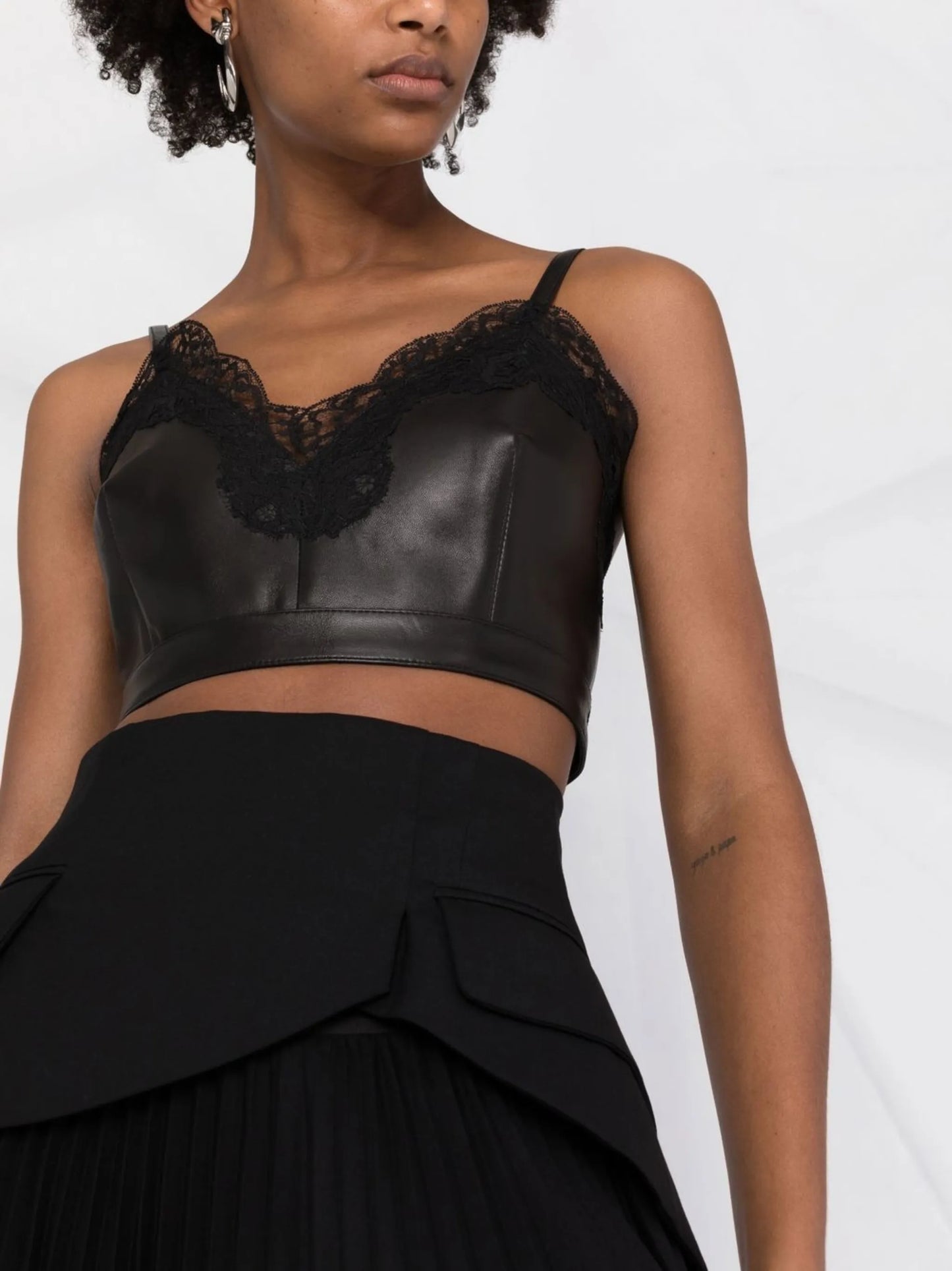 cropped lace-trim leather top