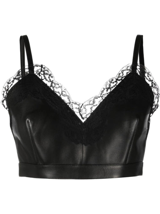 cropped lace-trim leather top