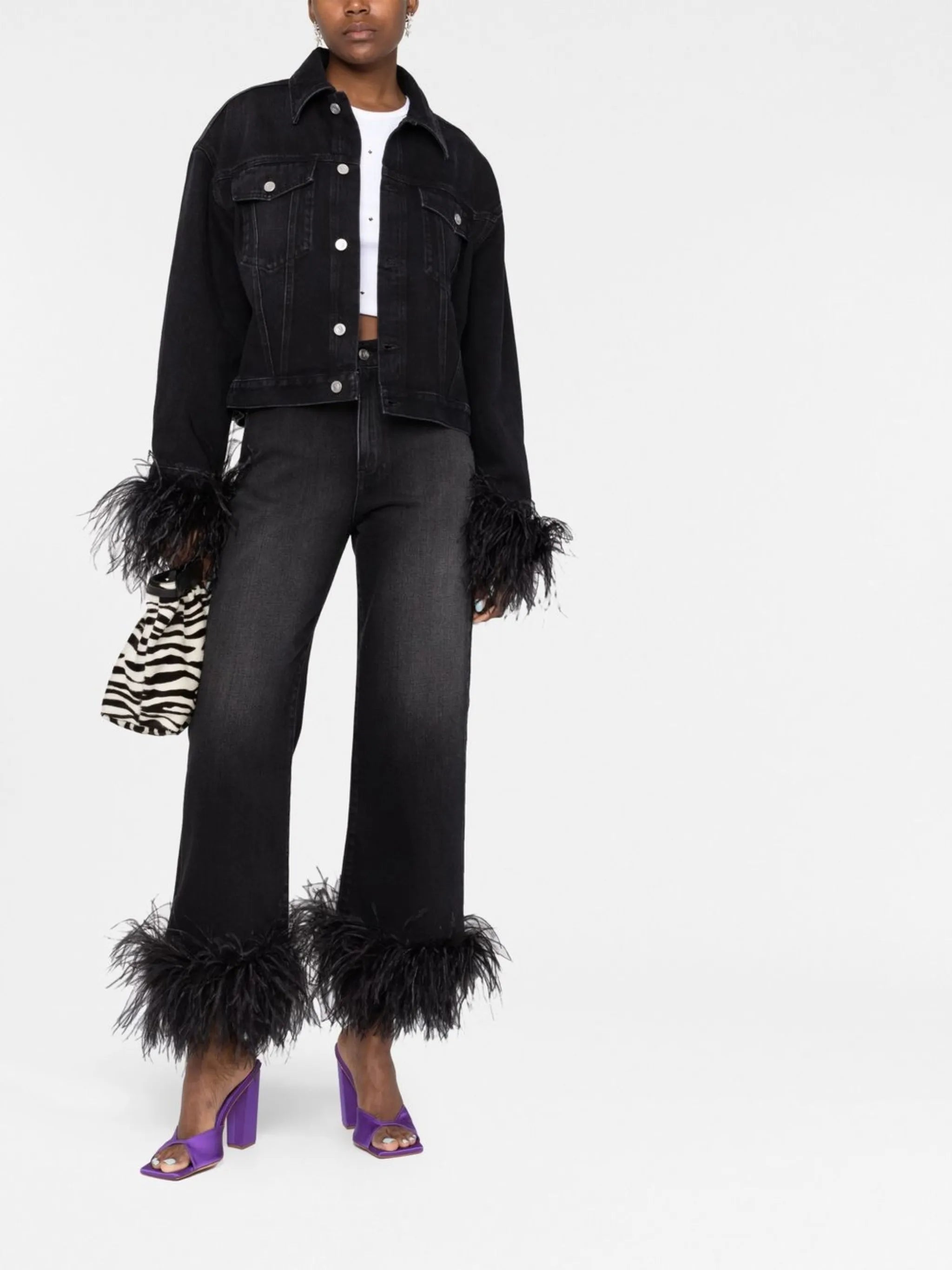 feather-trimmed denim jacket