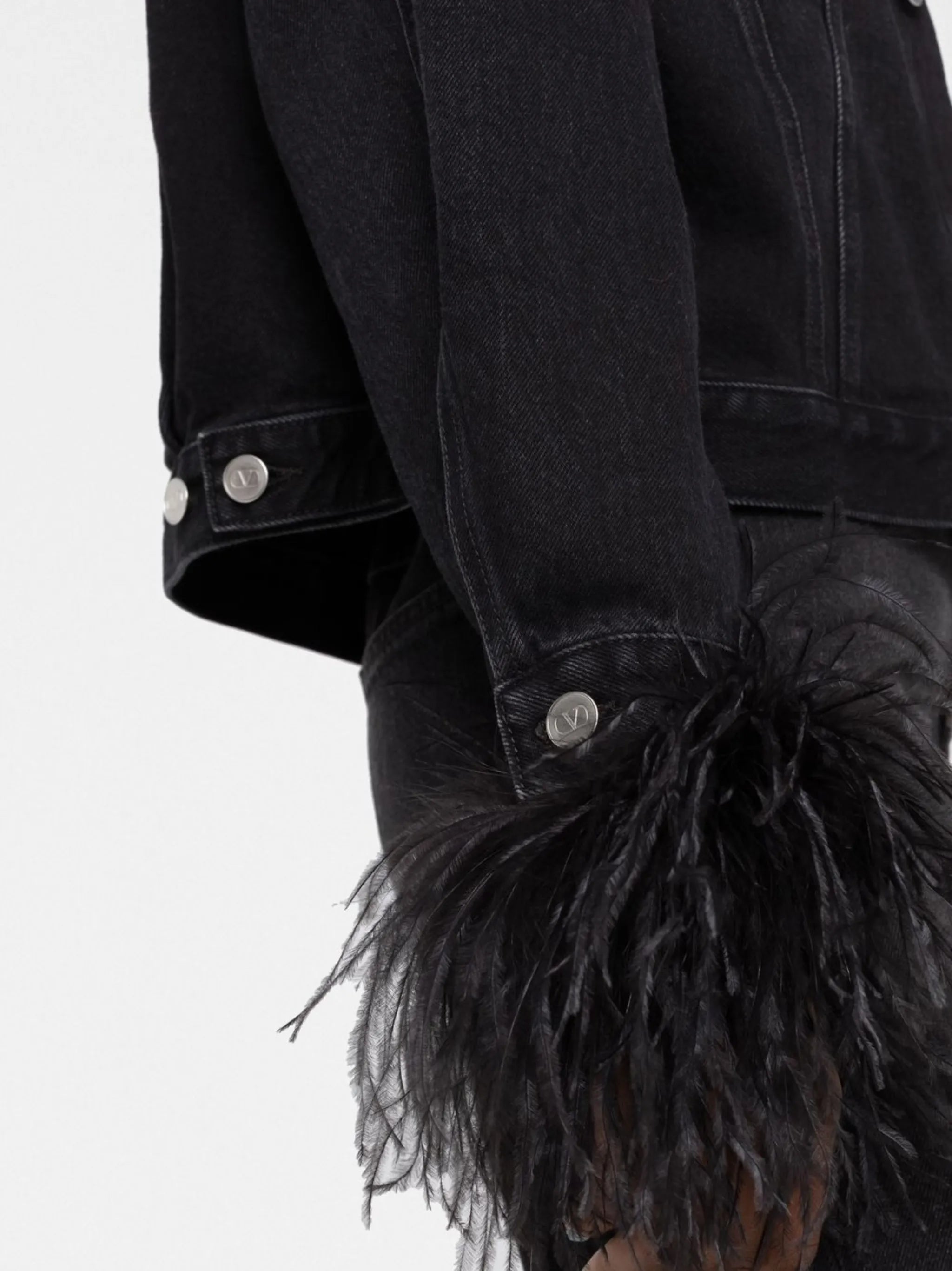 feather-trimmed denim jacket