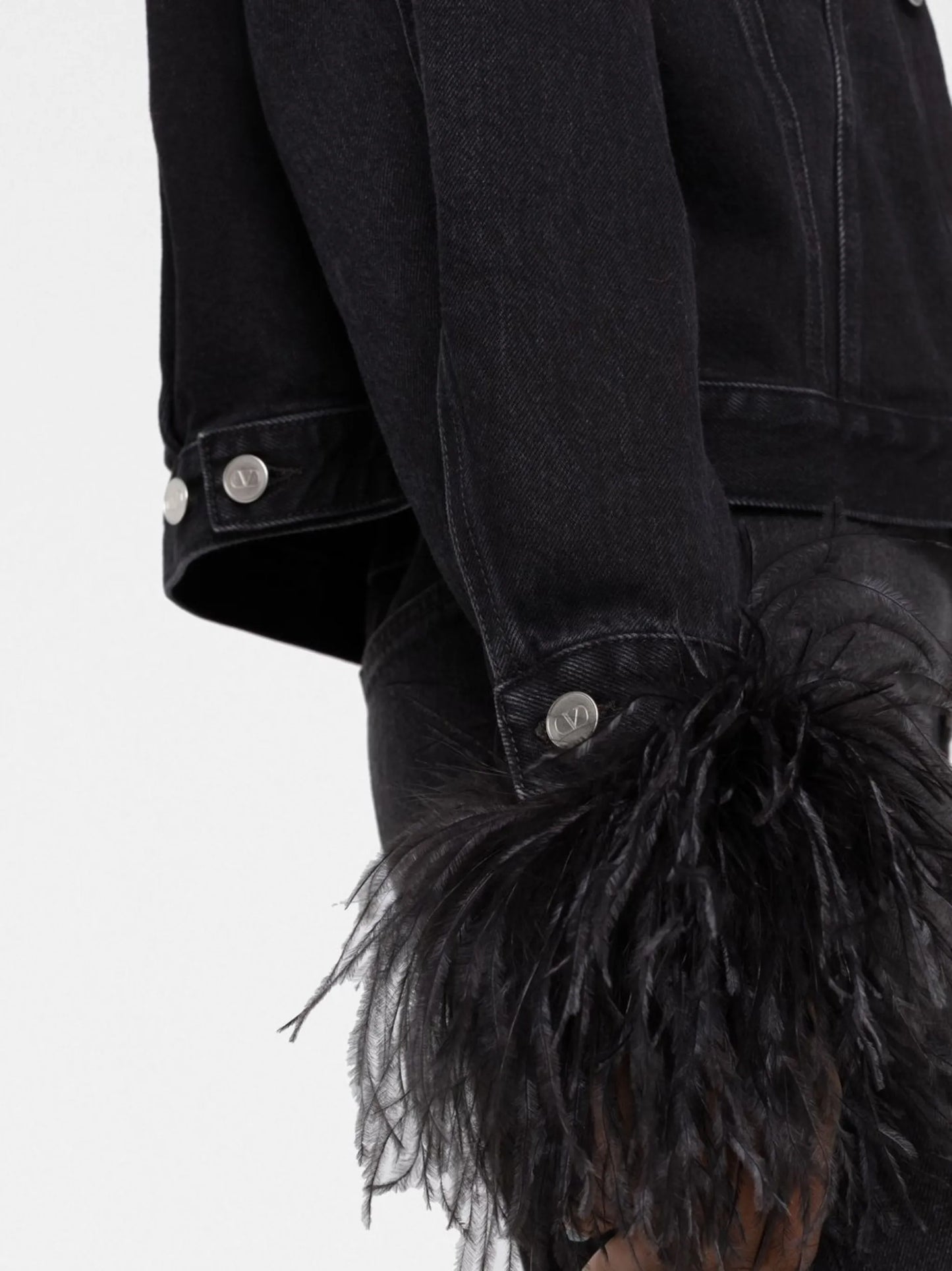 feather-trimmed denim jacket