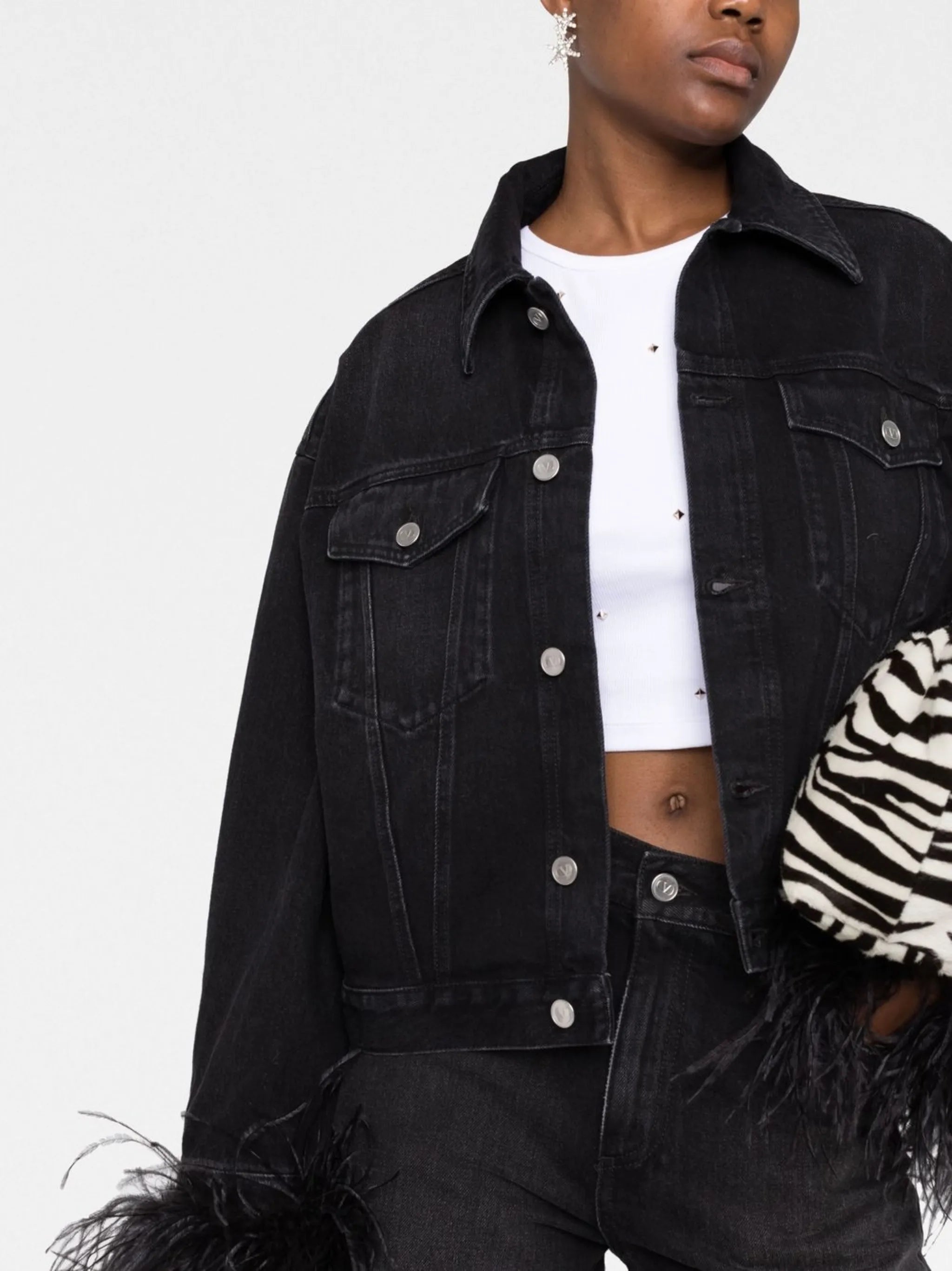 feather-trimmed denim jacket
