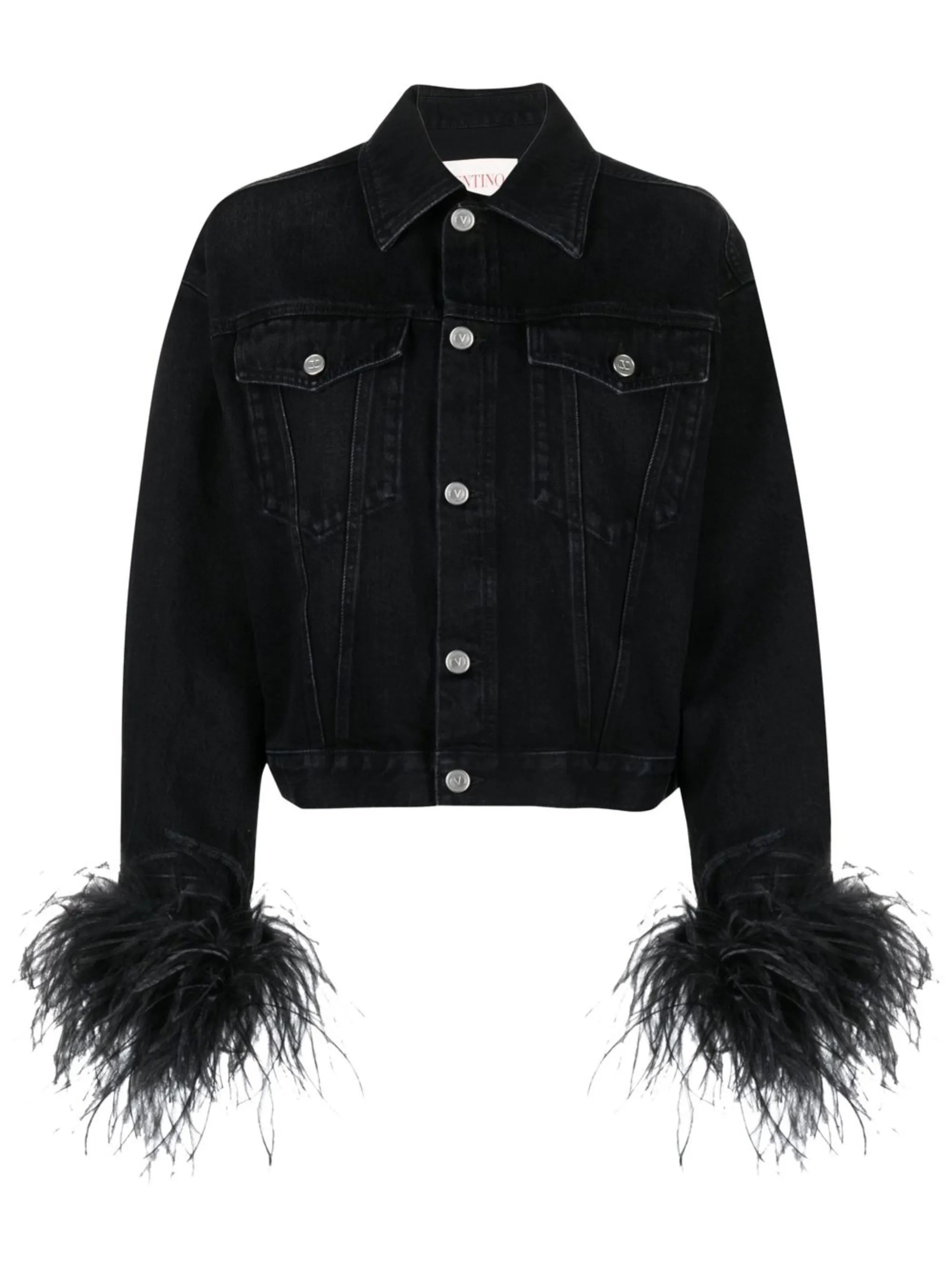 feather-trimmed denim jacket