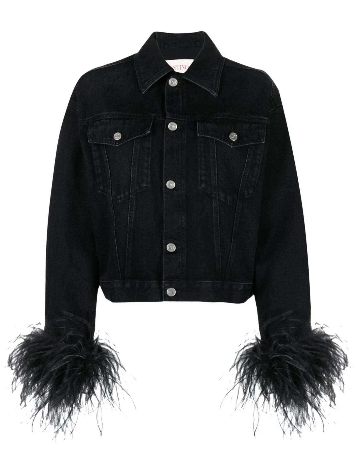 feather-trimmed denim jacket