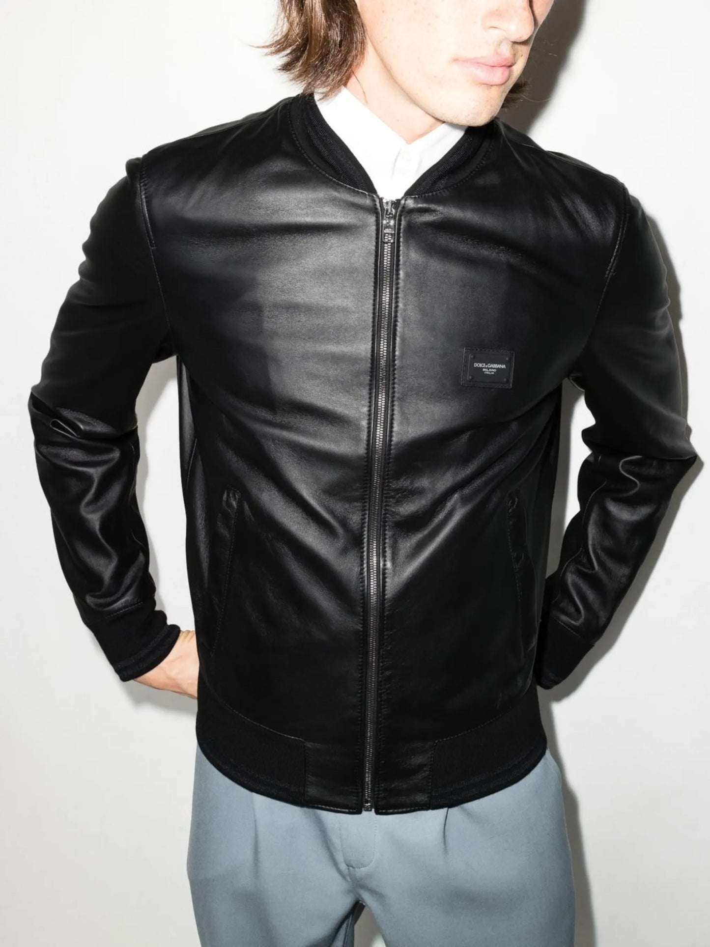 logo-plaque leather bomber jacket