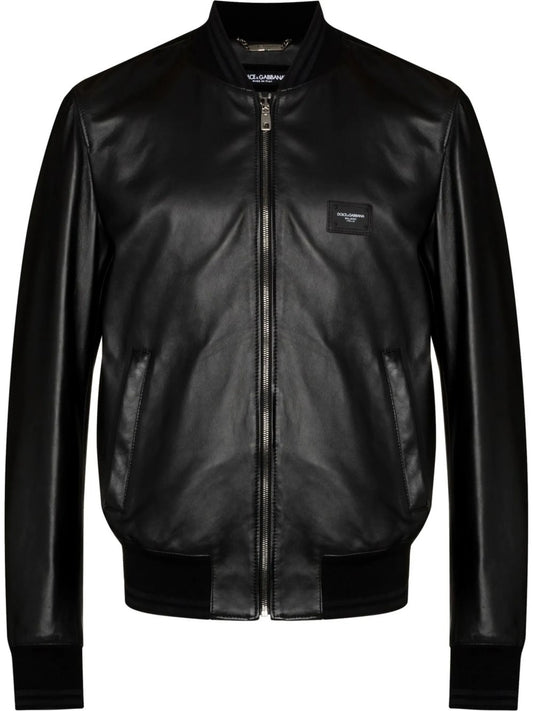 logo-plaque leather bomber jacket
