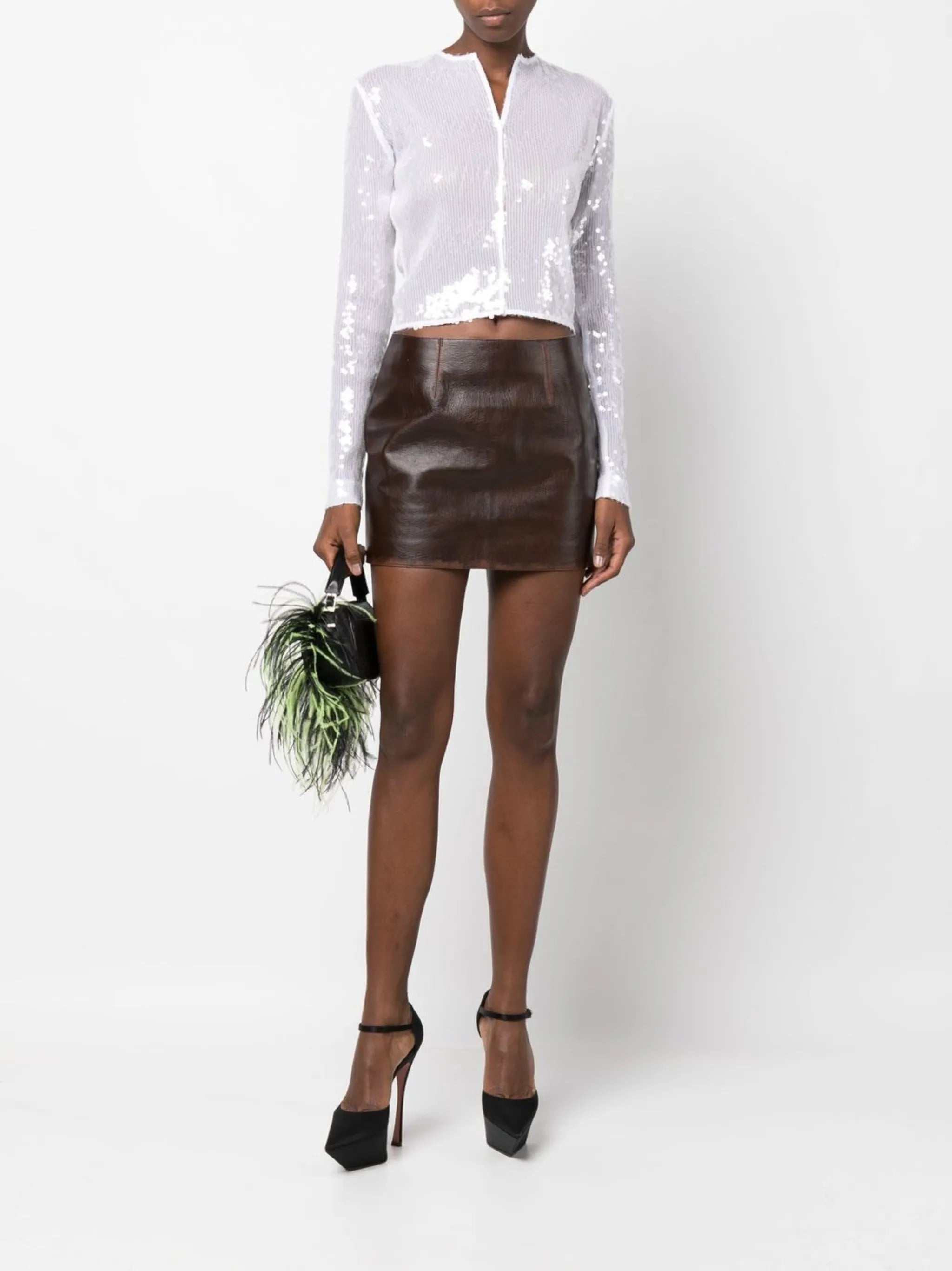 distressed-effect leather miniskirt