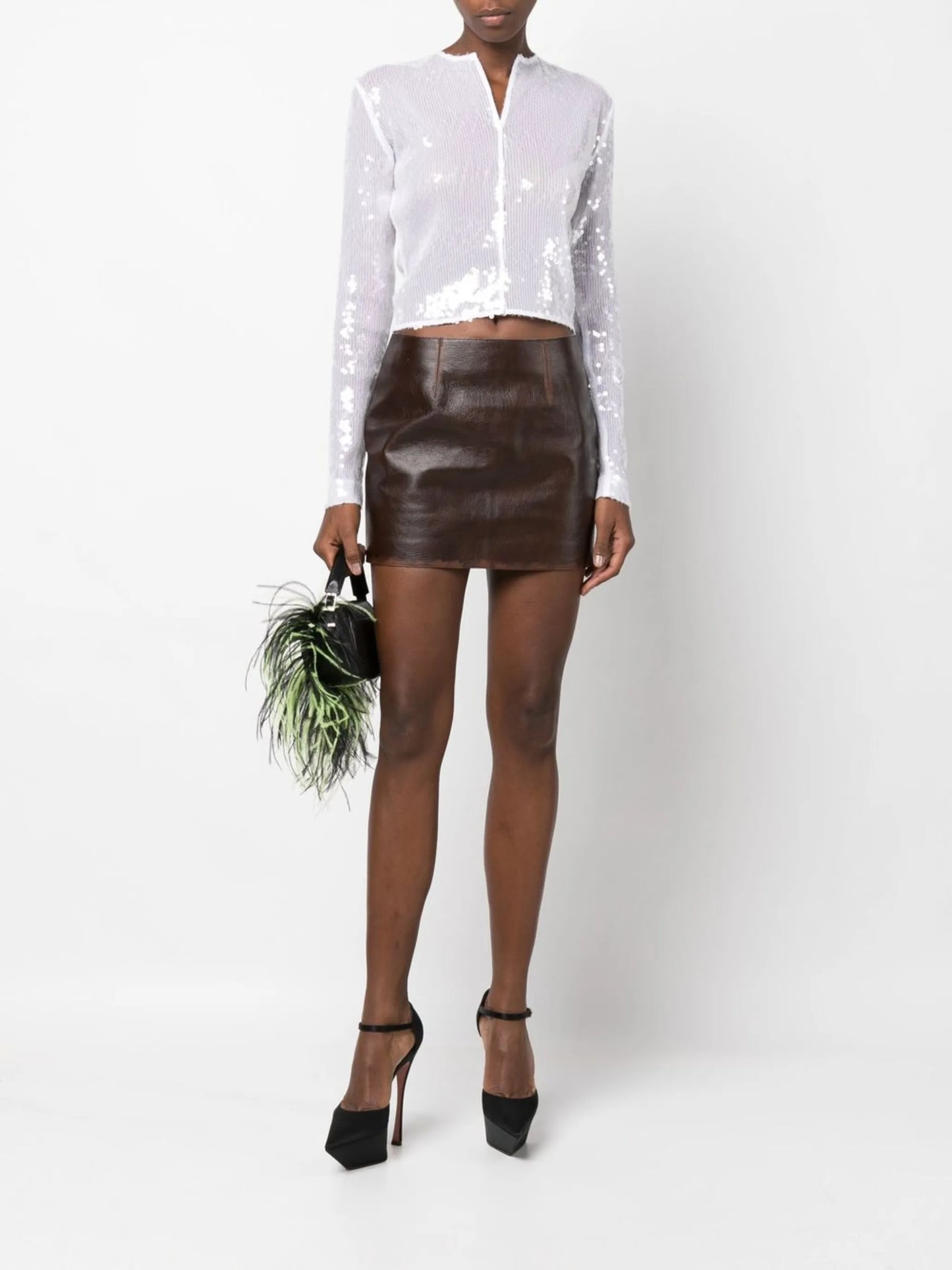 distressed-effect leather miniskirt