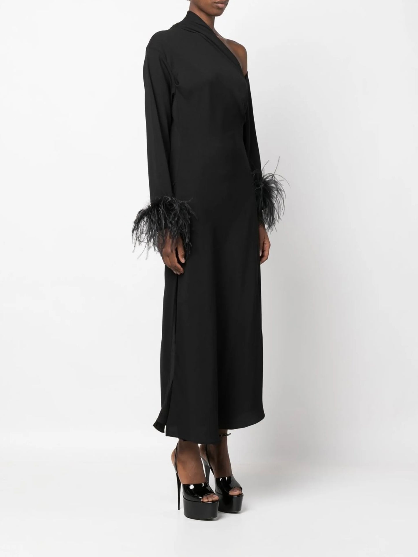 feather-trim one-shoulder dress