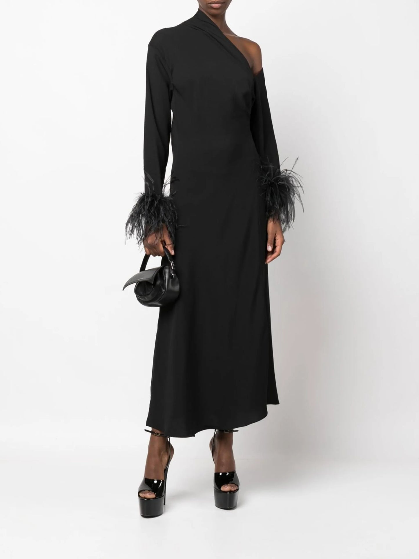 feather-trim one-shoulder dress