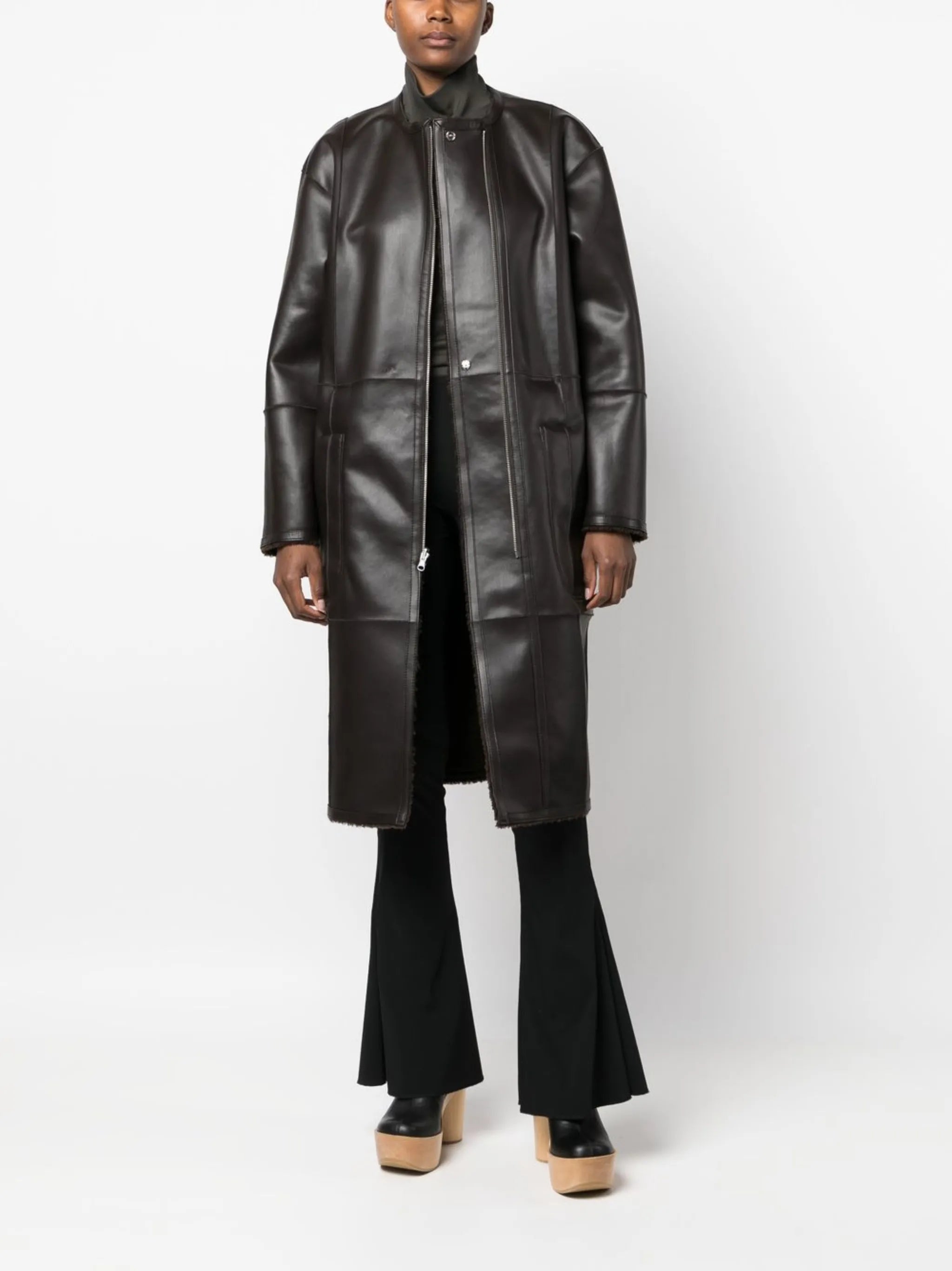 faux-leather zip-up coat